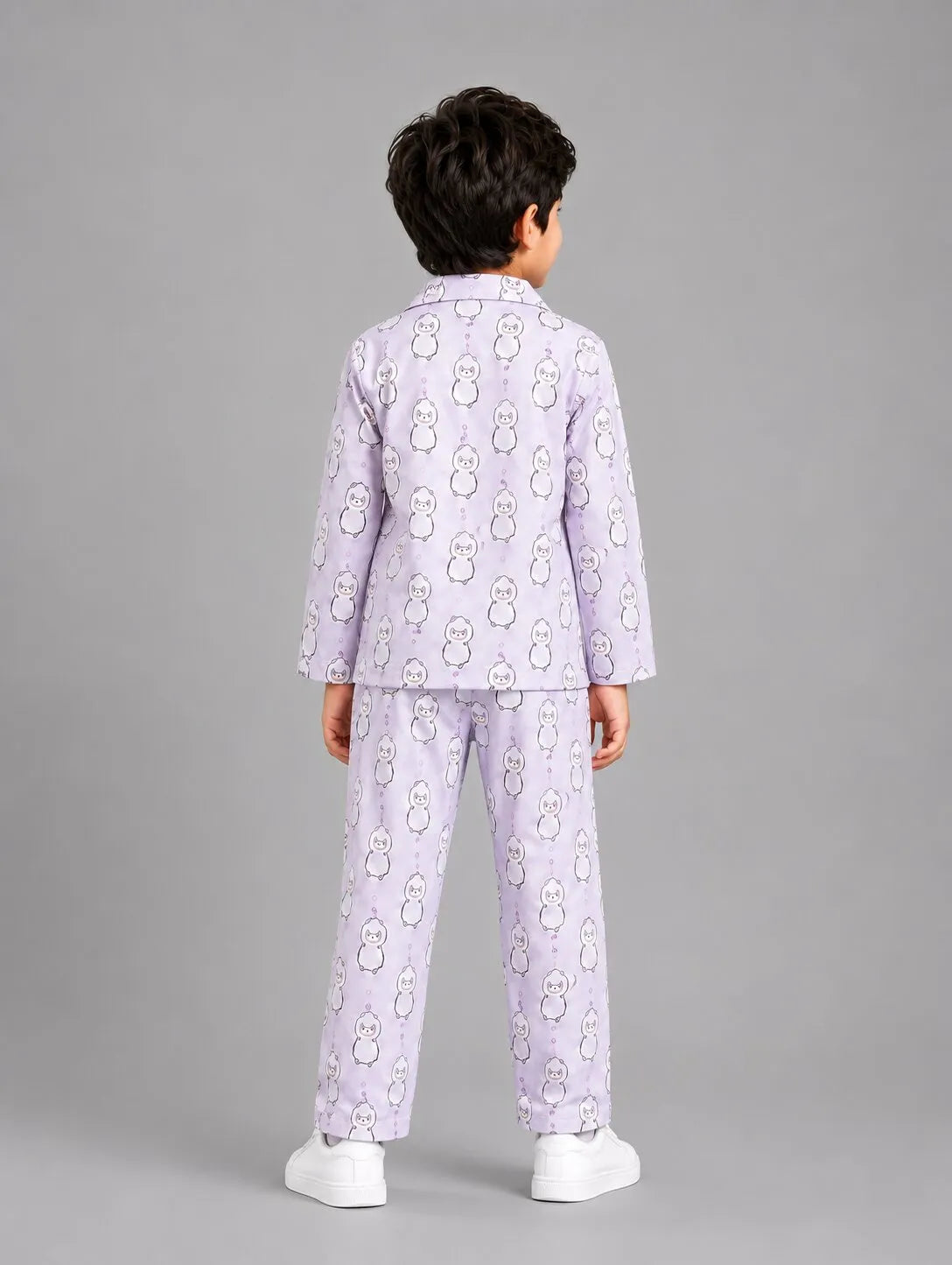Boys Pink & White Cartoon Print Satin Night Suit Set