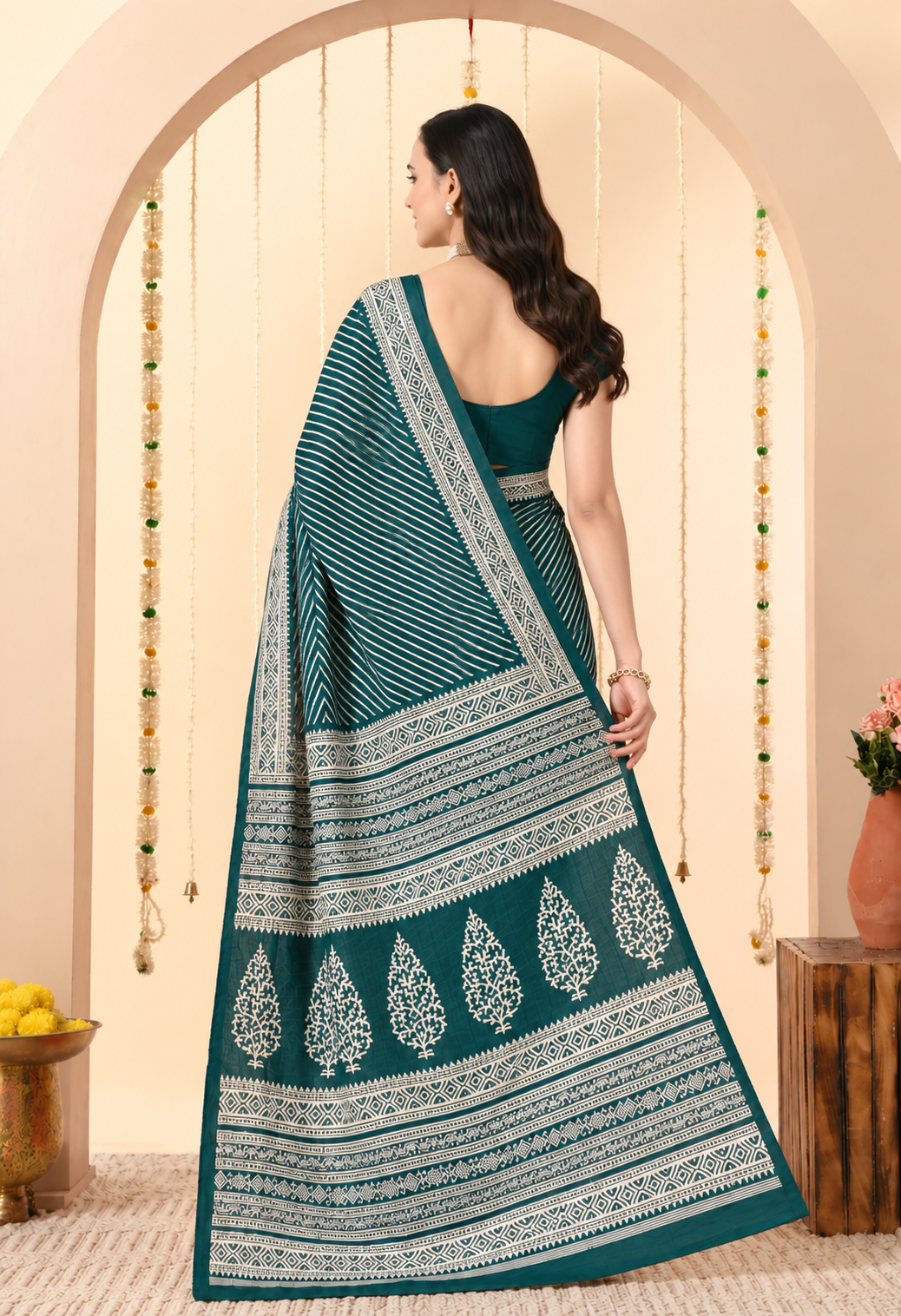 Teal Blue & Ivory Striped Printed Saree with Traditional Designer Pallu