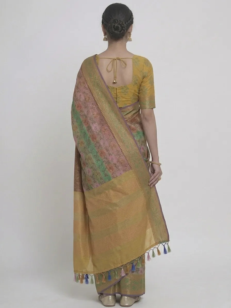 Women Mustard & Olive Green Floral Printed Silk Blend Saree with Tassels