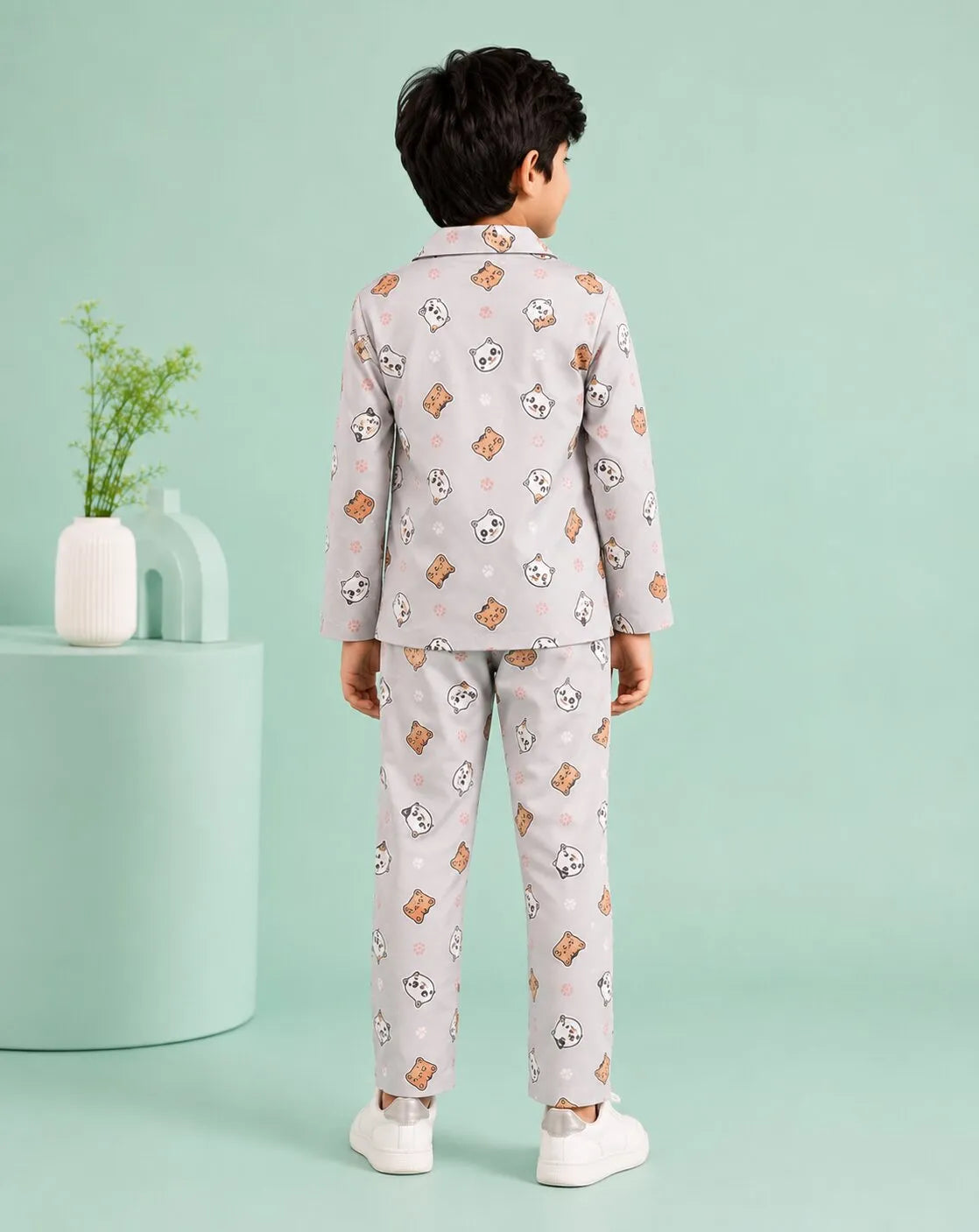 Kids Boys Grey & Orange Cat Printed Satin Night Suit
