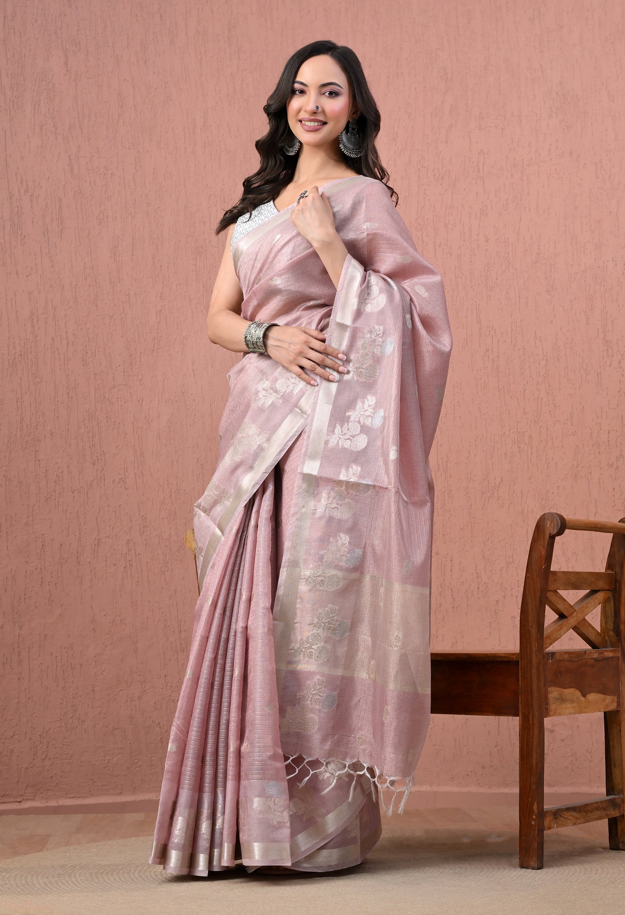 Pure Cotton Saree in Dusty Rose Pink with Silver Zari Floral Motifs