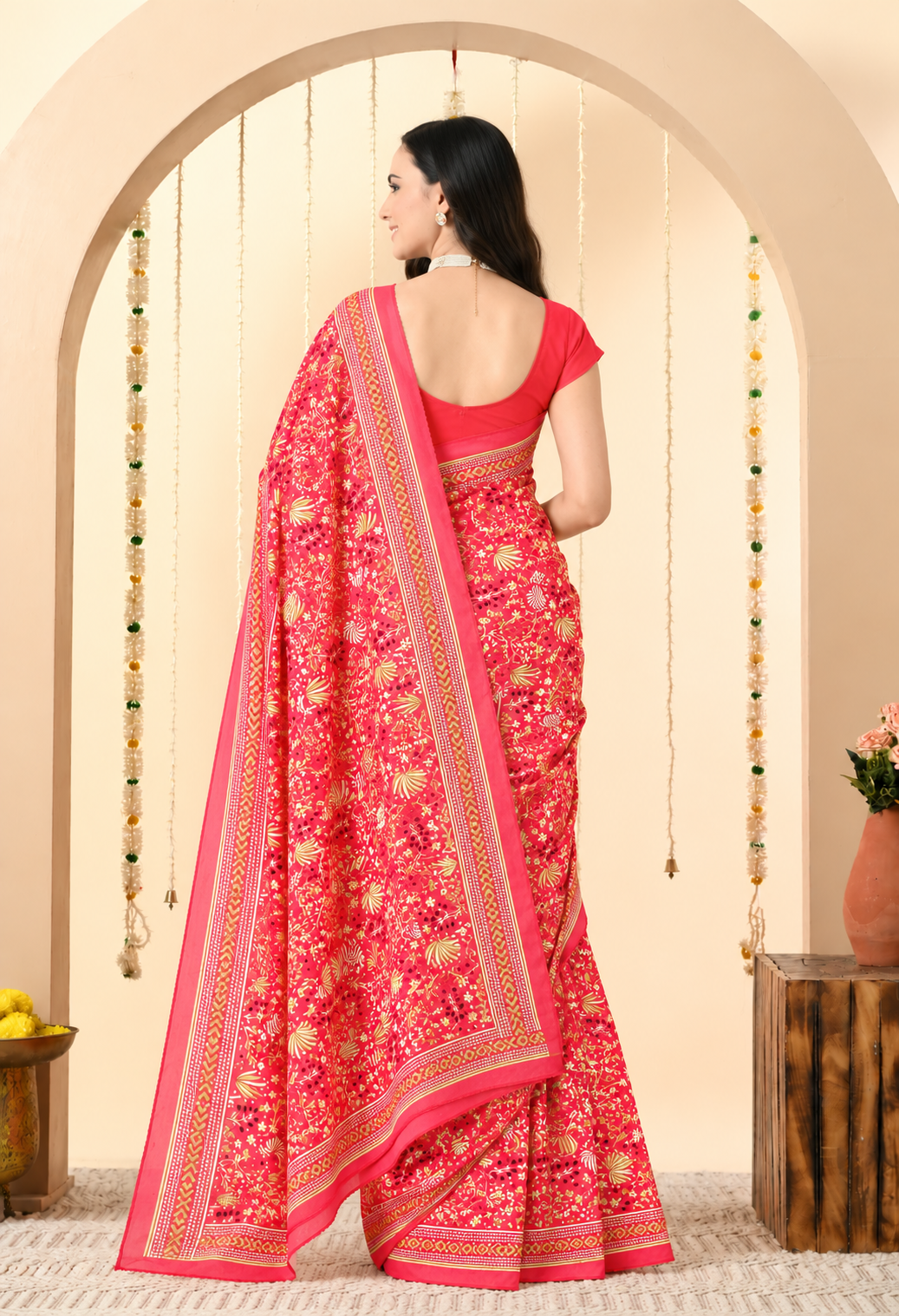 Elegant Red Georgette Saree with Intricate Floral Print