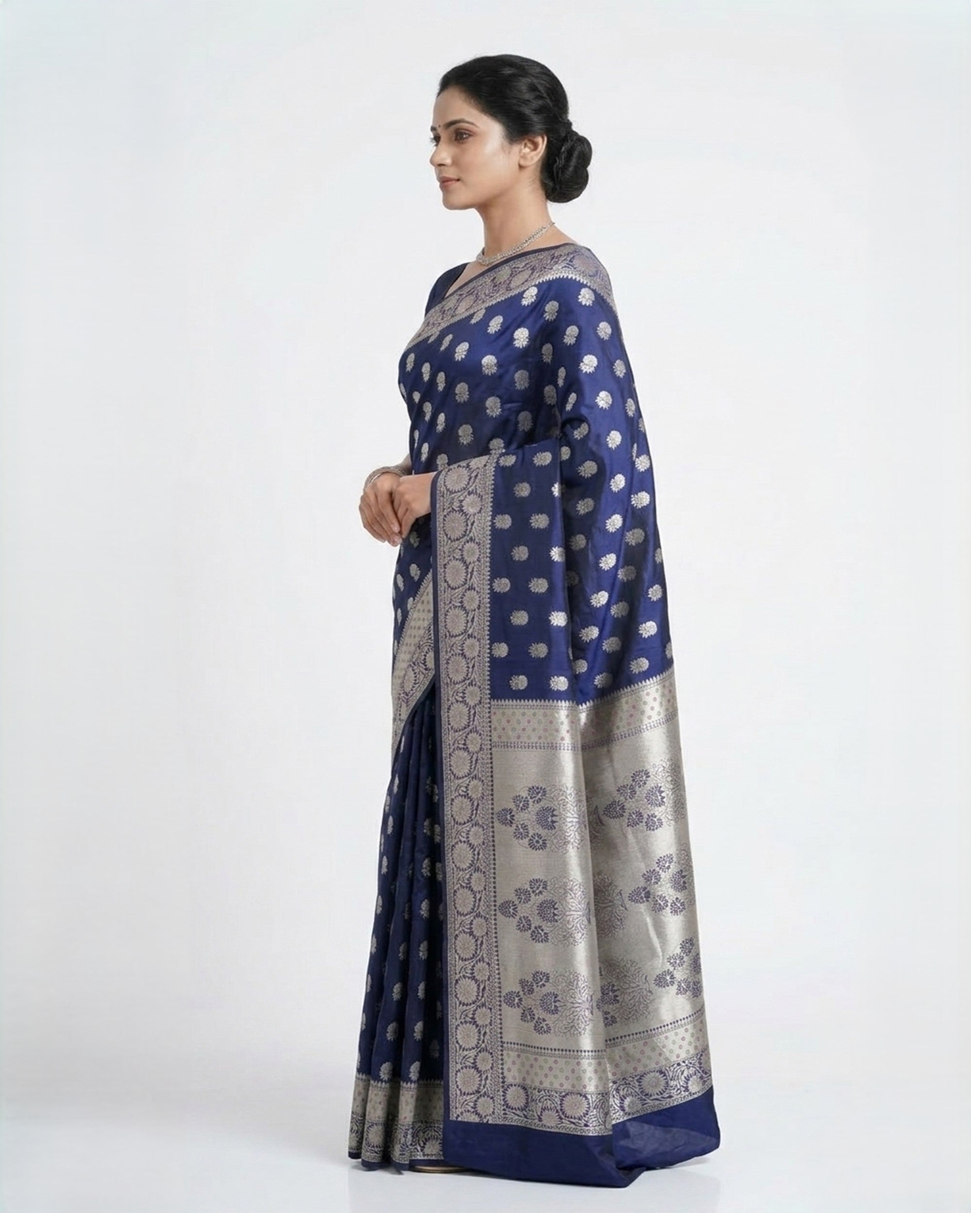 "Navy Blue & Silver-Toned Floral Woven Design Zari Silk Saree "