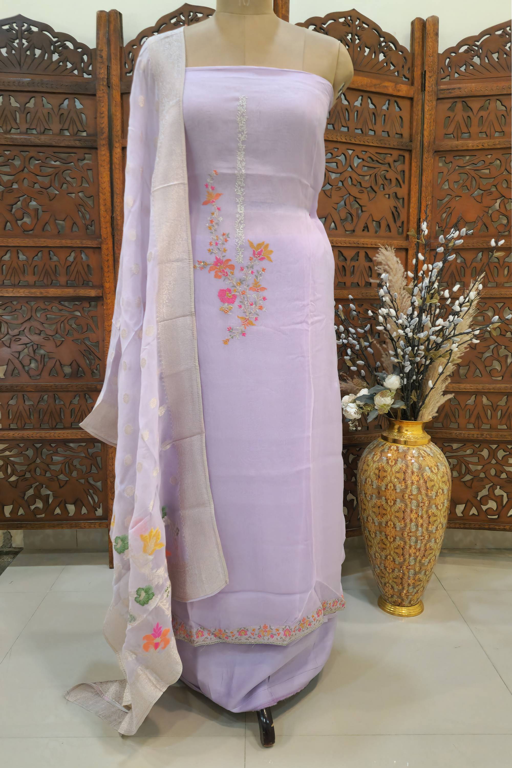 Lavender Floral Embroidered Silk Organza Unstitched Dress Material with Zari Border