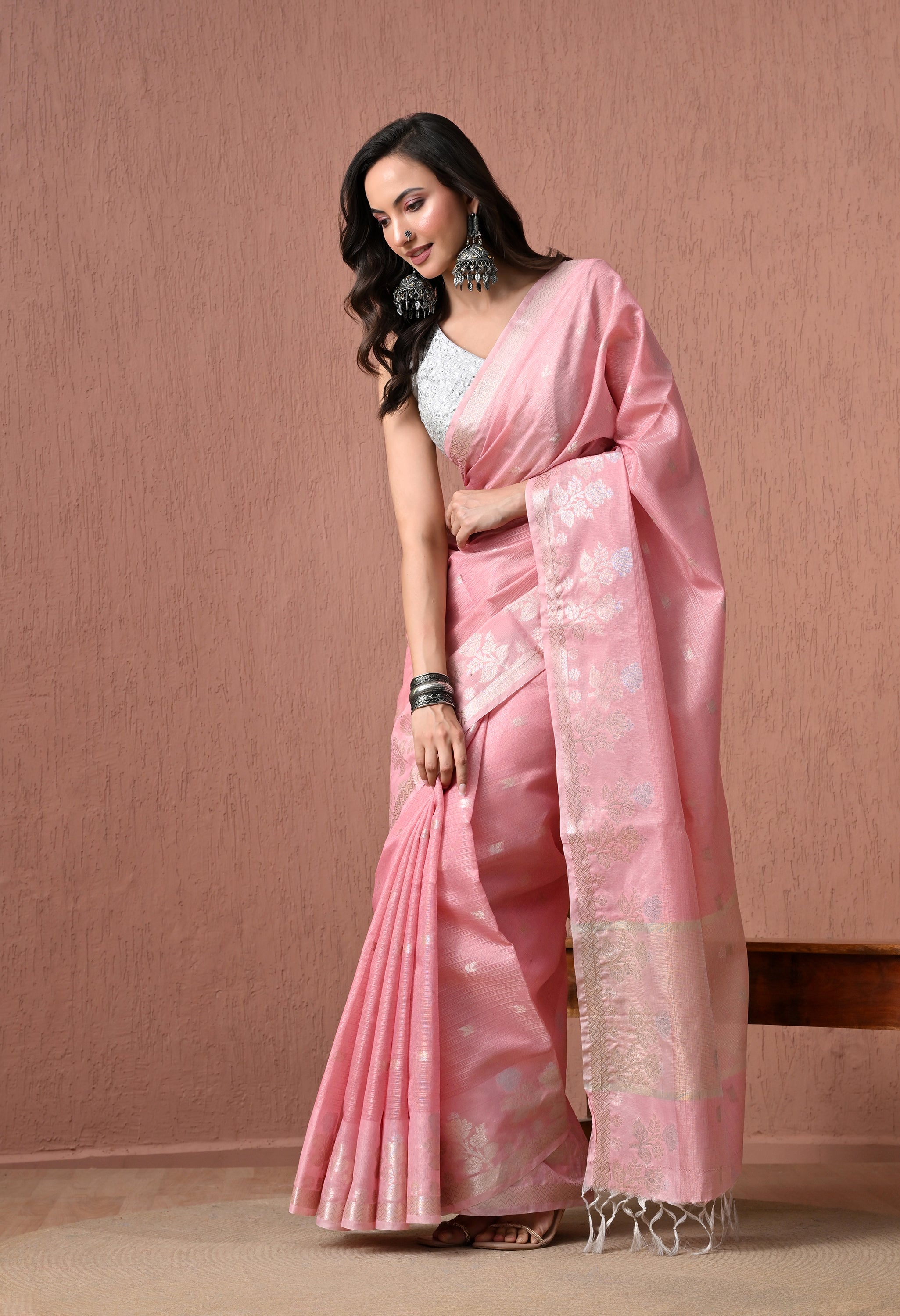 Pink Pure Cotton  Saree with Silver Zari Floral Bootis and Pallu