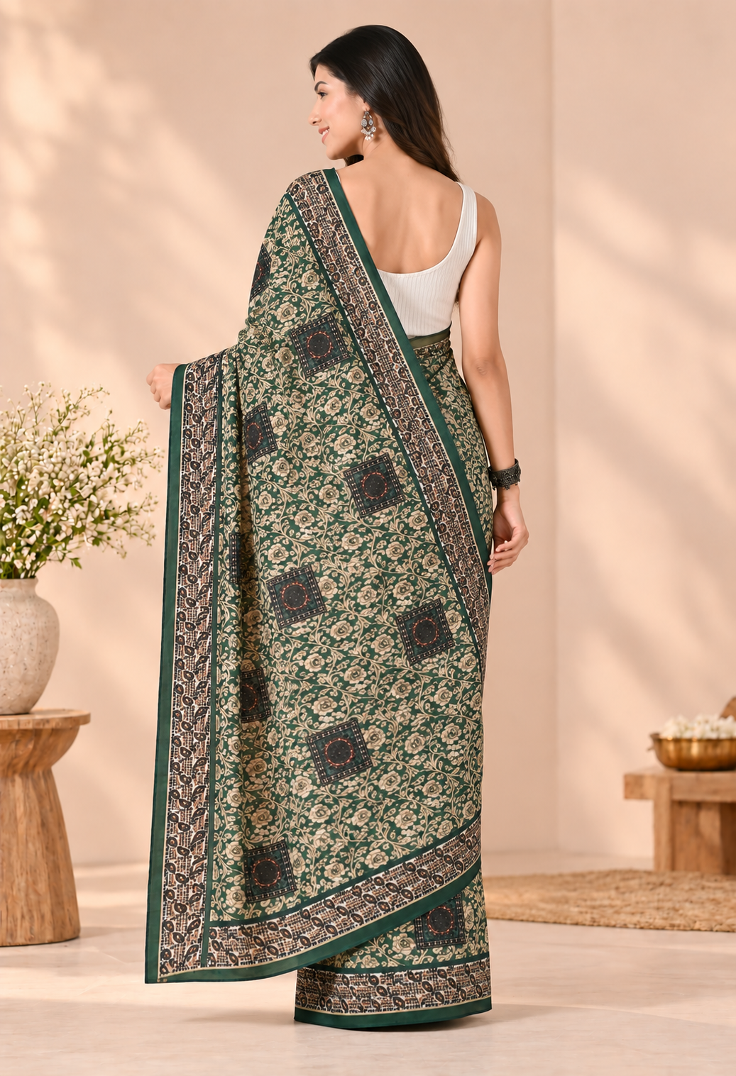 Elegant Green Chiffon Saree with Intricate Floral and Traditional Print