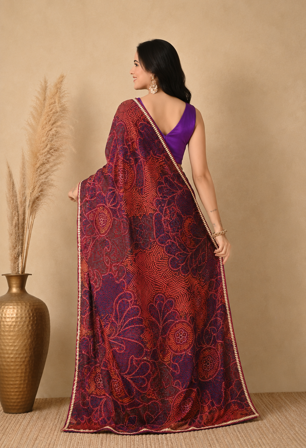 Women Maroon & Blue Bandhani Printed Georgette Saree with Decorative Border