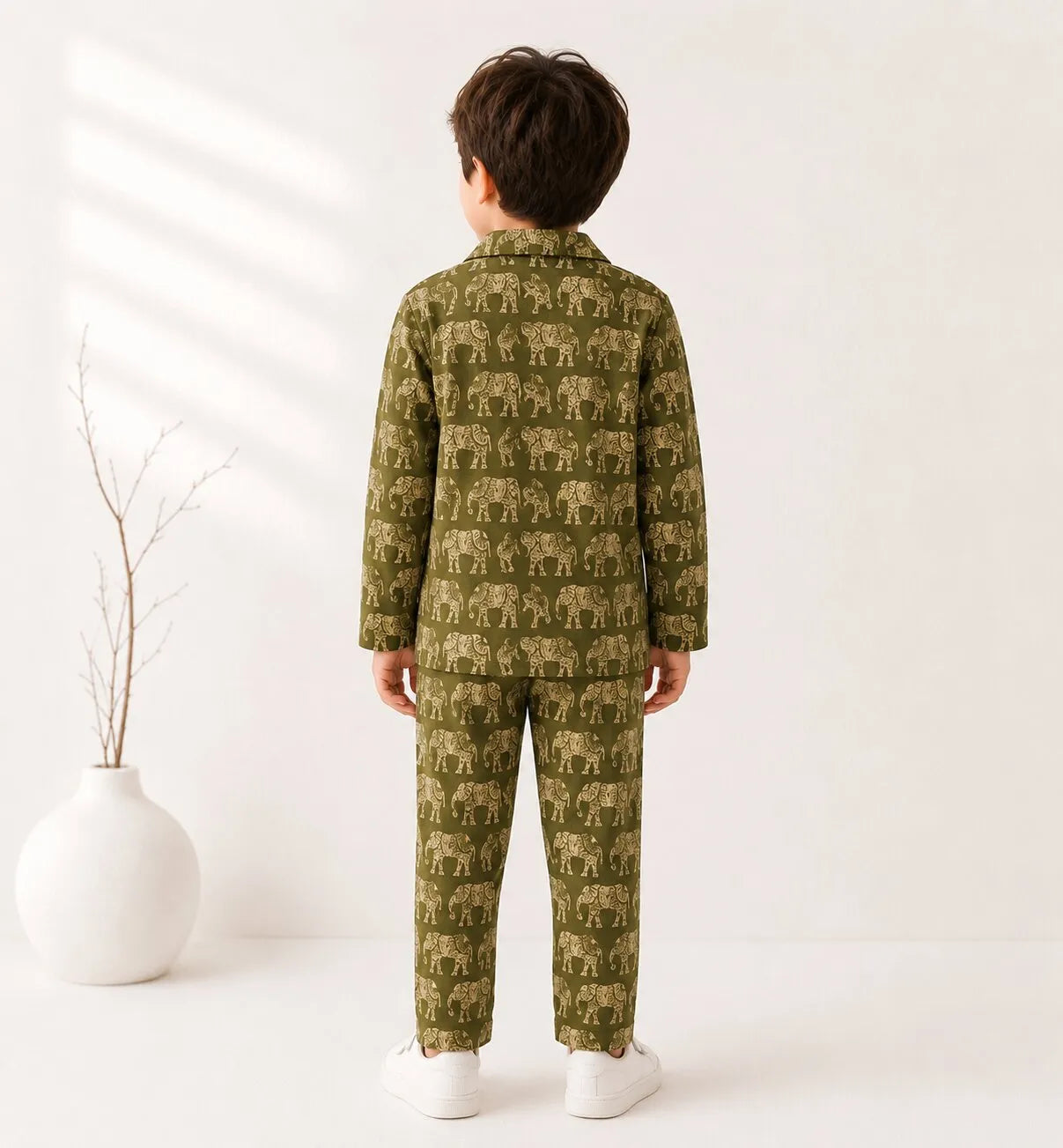 Kids Olive Green & Beige Elephant Print Cotton Lounge Set