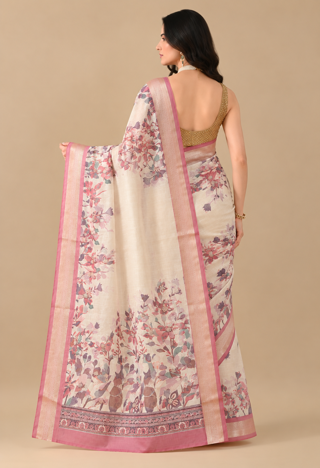 Elegant Ivory Floral Printed Saree with Blush Pink Border