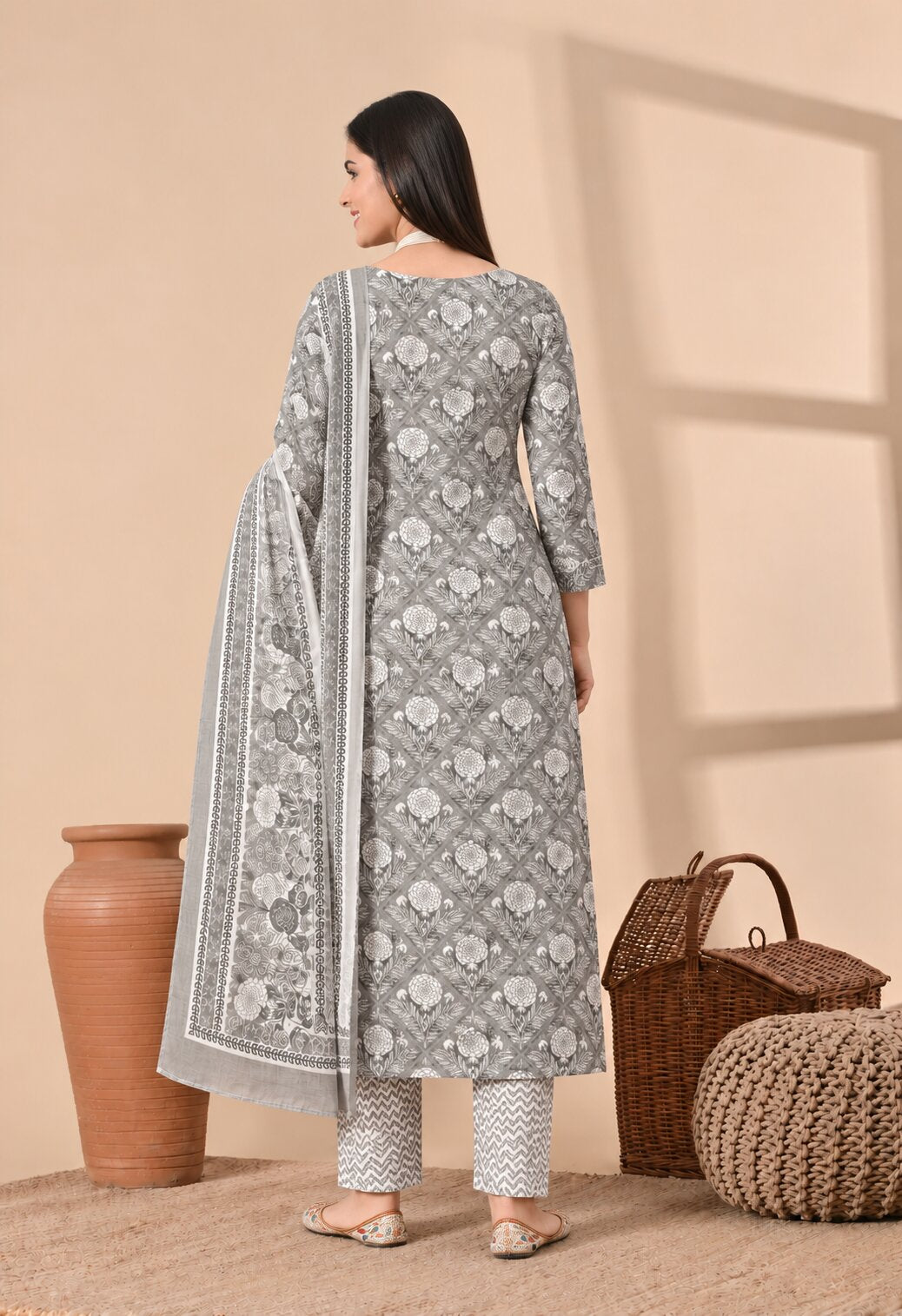 Grey Cotton Printed Suit Set with Cotton Dupatta