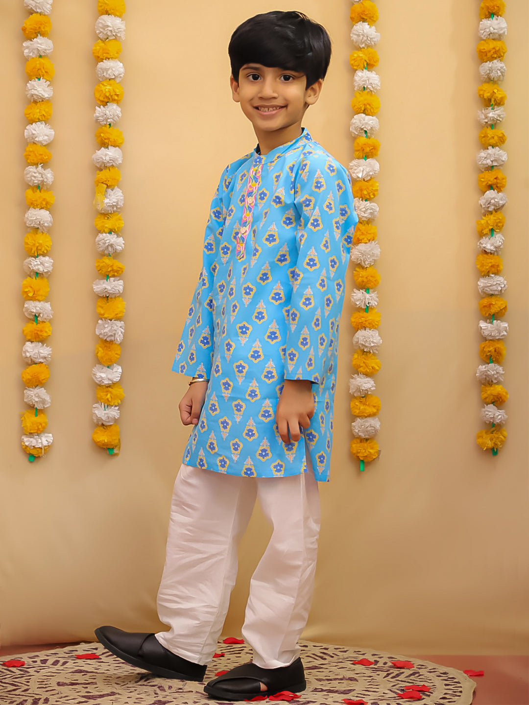 Boys' Cotton Floral Print Kurta Pajama Set | Sky Blue Ethnic Wear for Kids | Traditional Festive & Party Wear Outfit