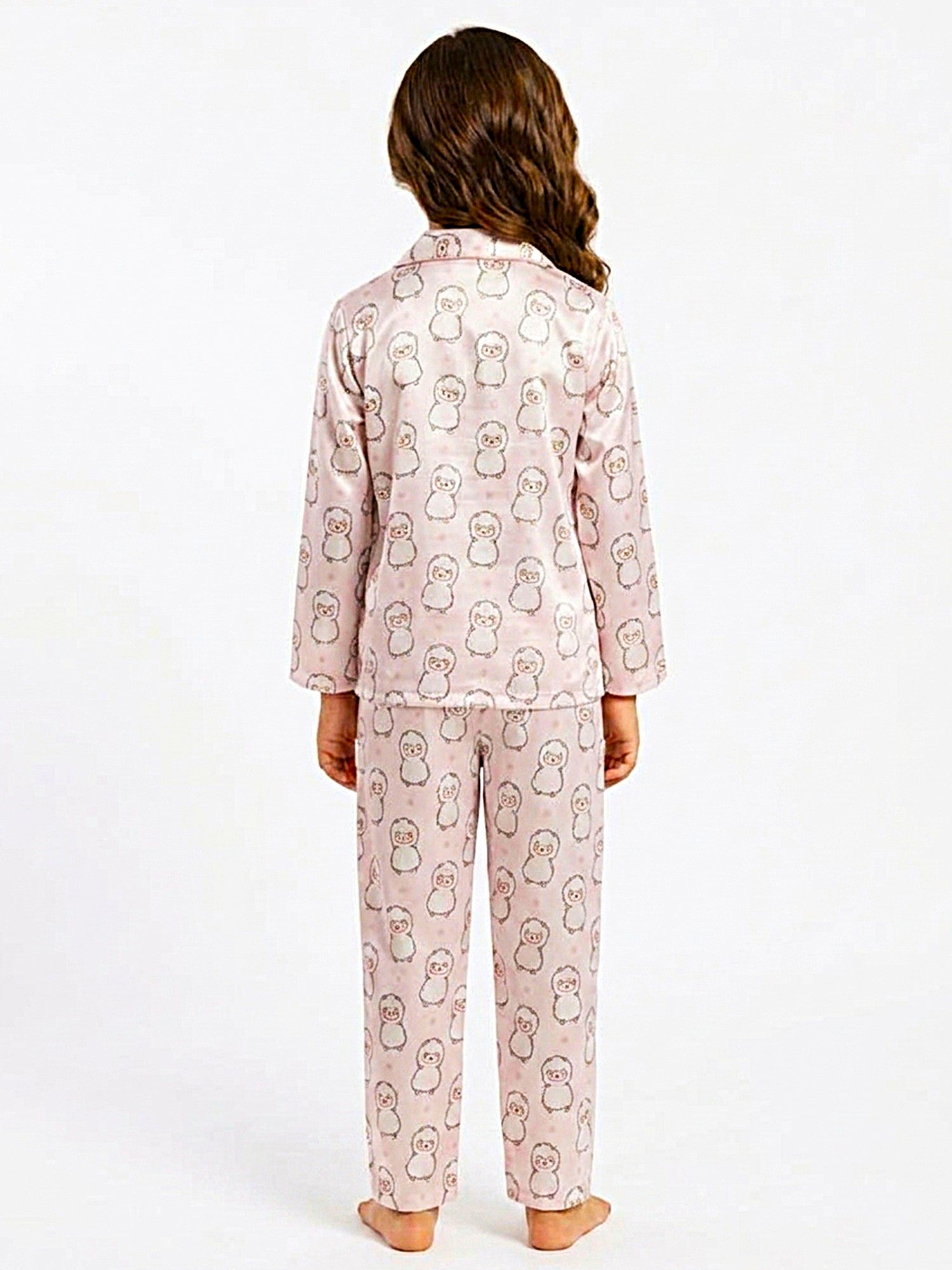Girls Pink & White Cartoon Print Satin Night Suit Set