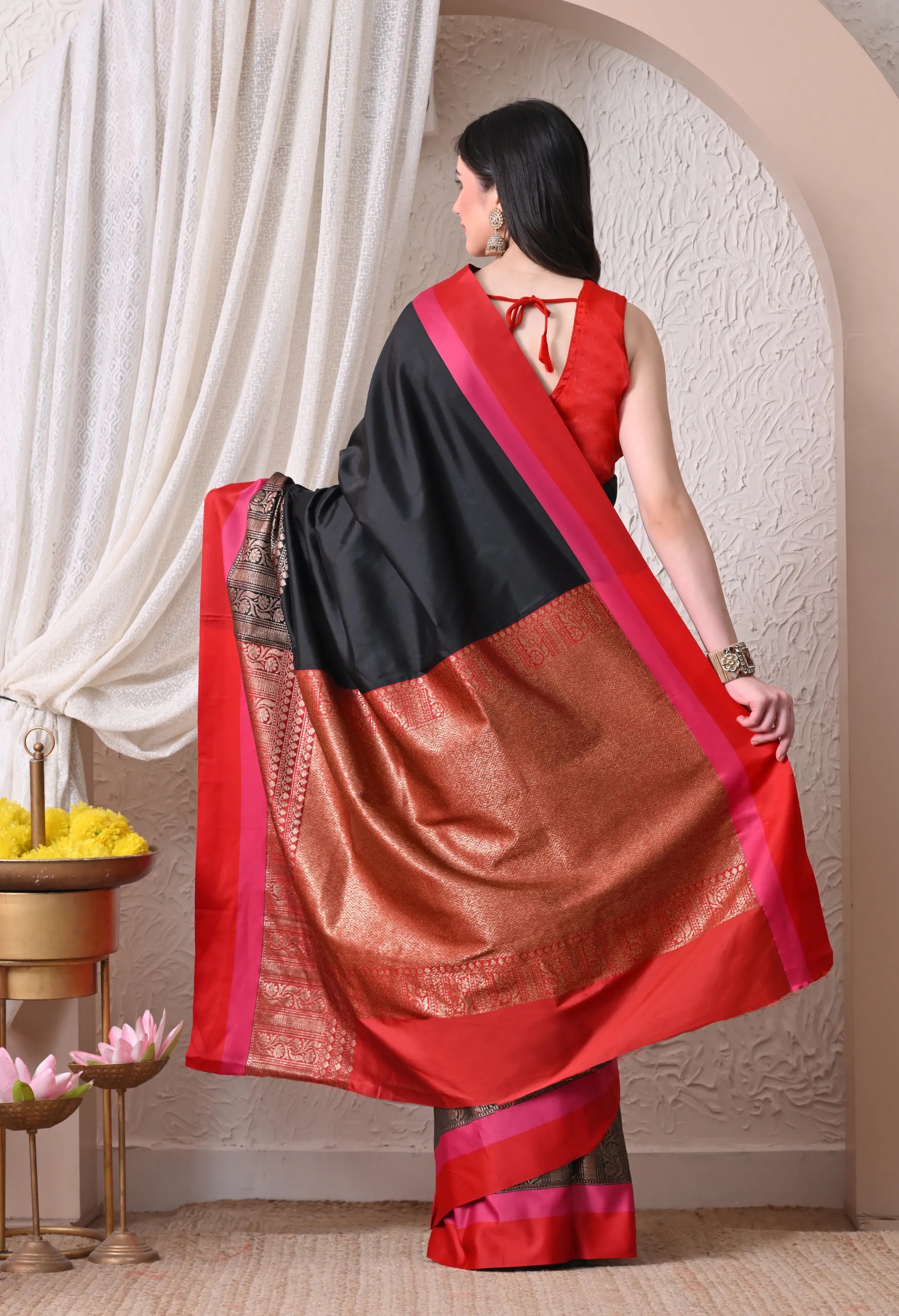 Midnight Black Silk Blend Saree with Multi-Toned Crimson and Pink Border