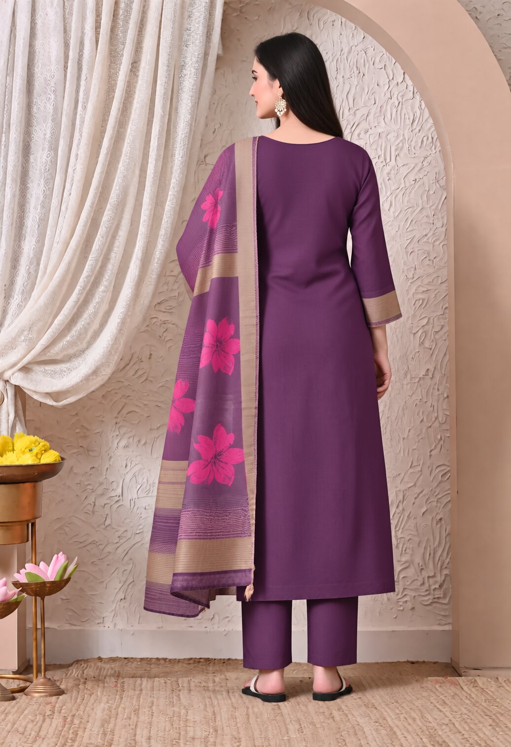 Purple Chanderi Silk Embroidered Suit Set with Organza Dupatta