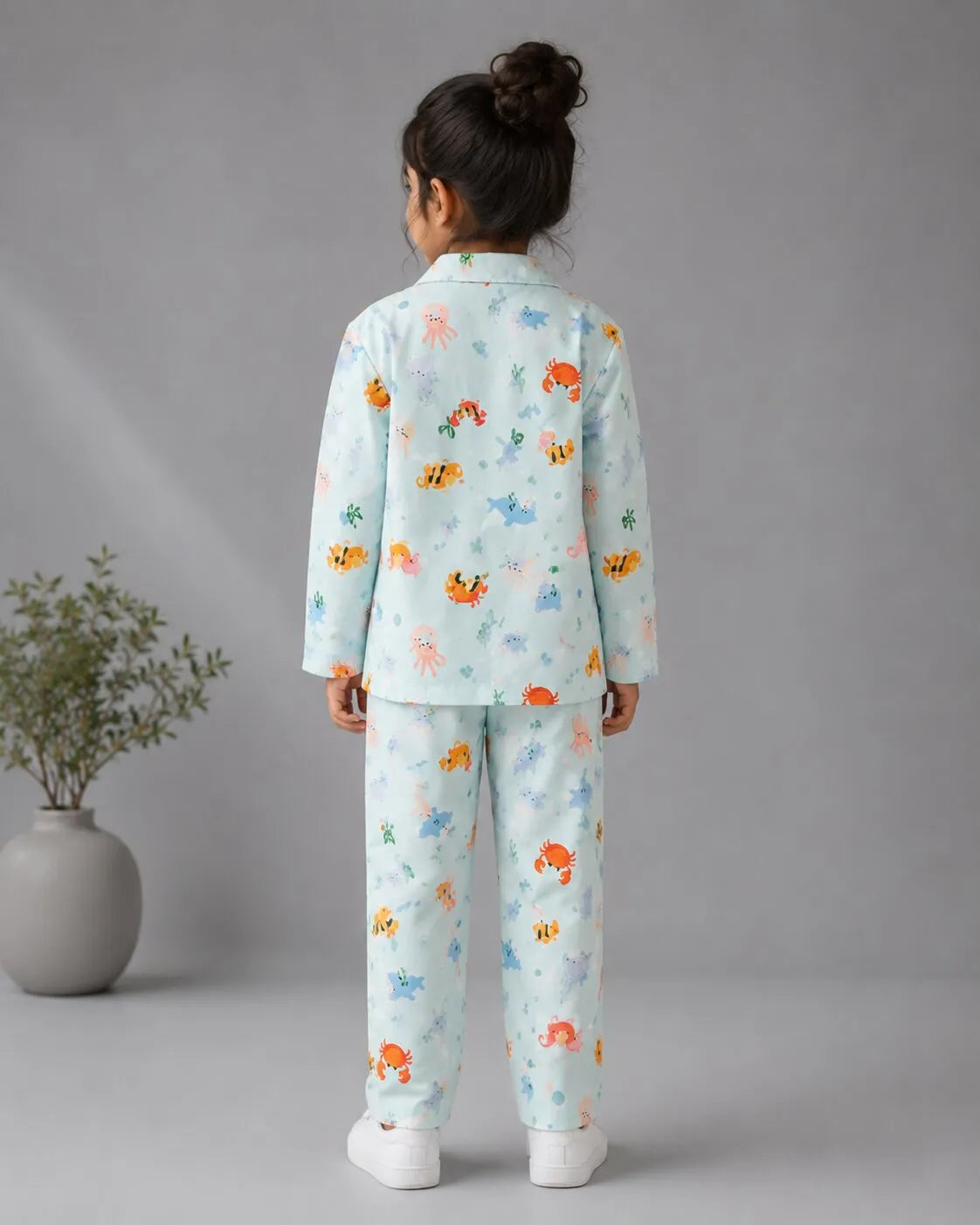 Kids Blue Sea-Life Printed Satin Long-Sleeved Nightsuit