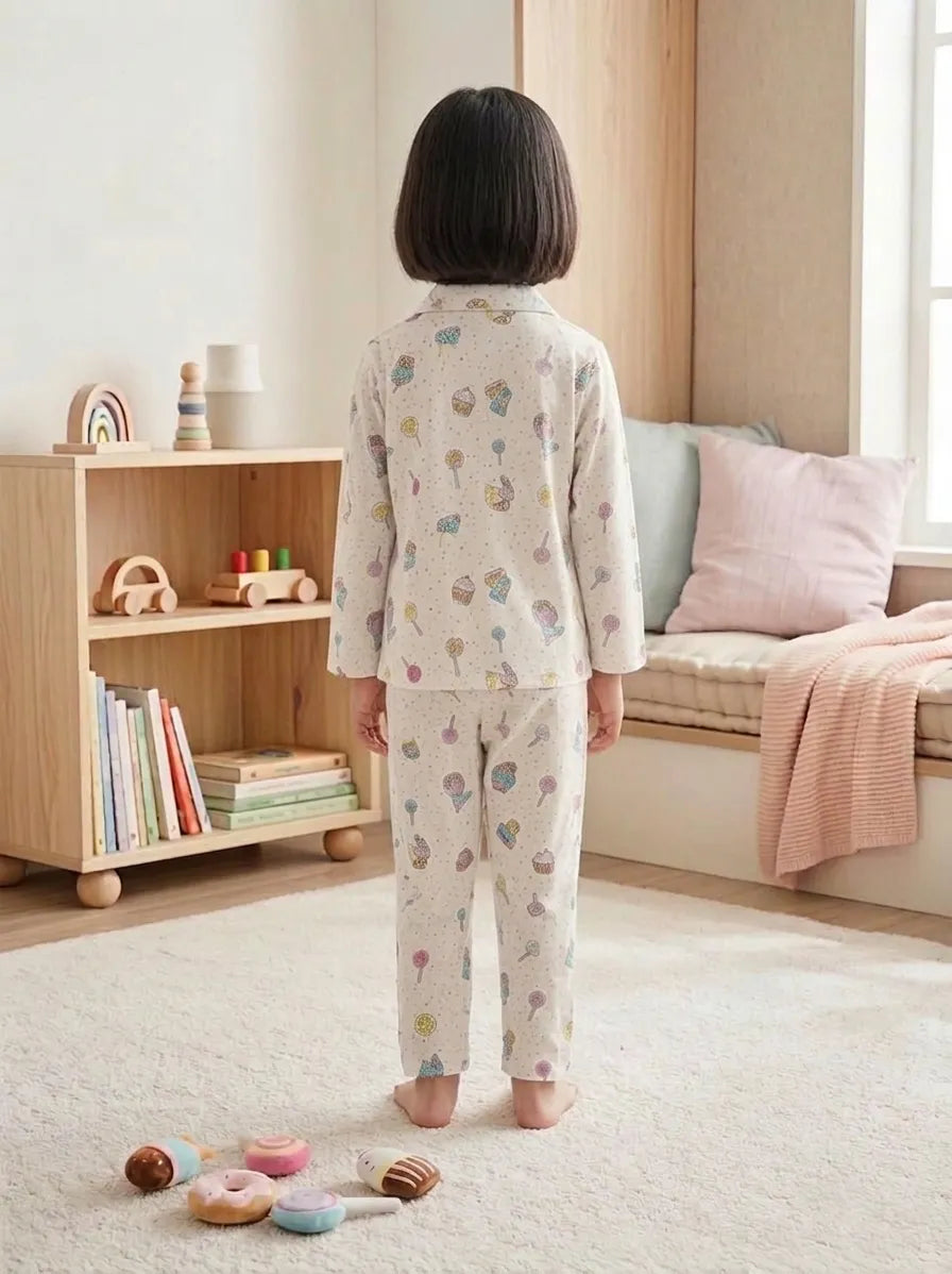Kids White & Multi-Coloured Printed Satin Night Suit
