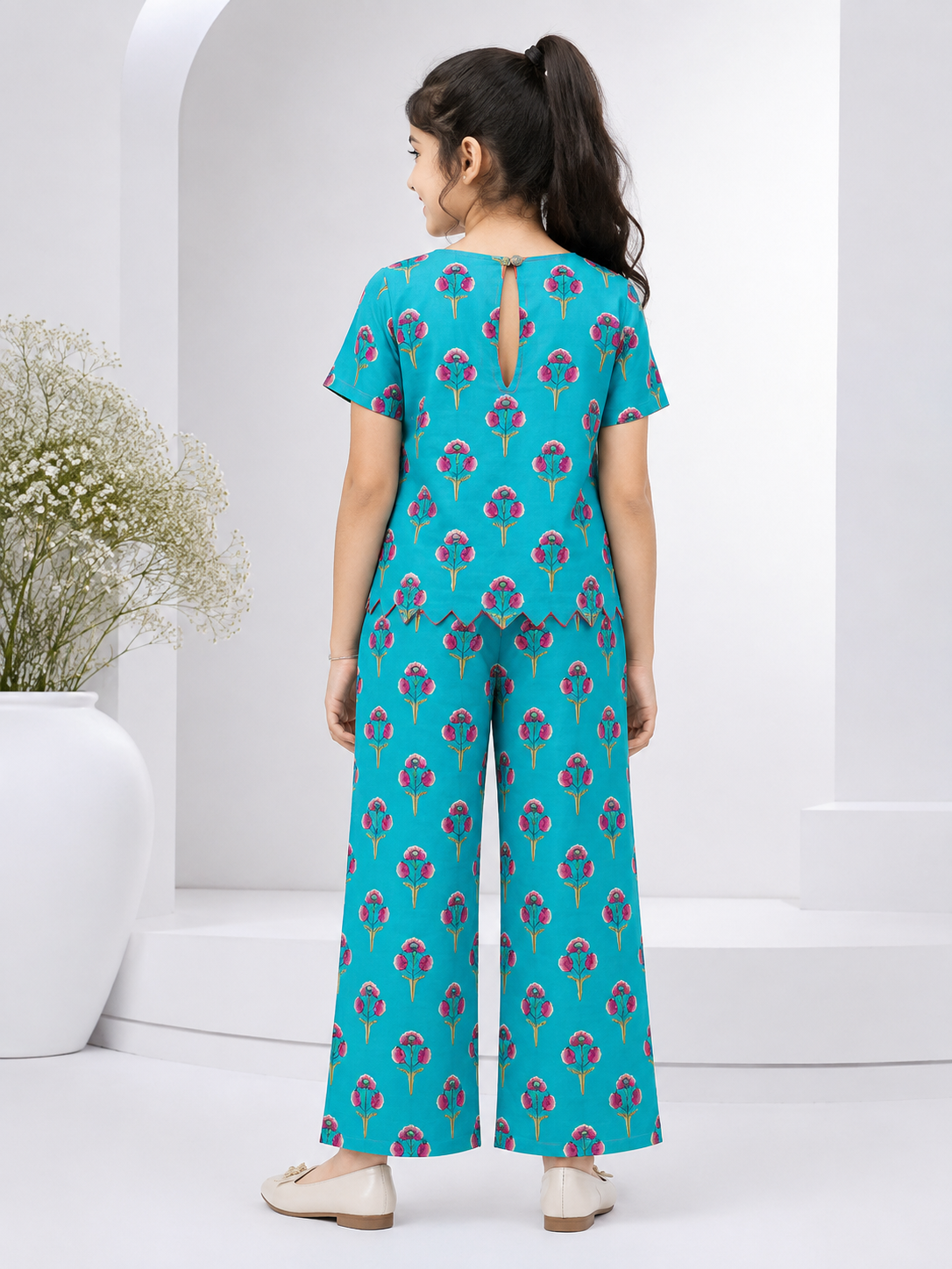 Girls Turquoise Blue Floral Printed Scallop-Hem Top & Wide-Leg Co-Ord Set