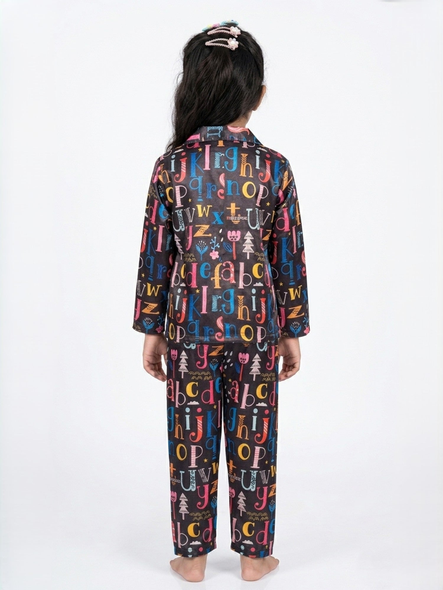 Girls Black & Multicolor Alphabet Print Satin Night Suit