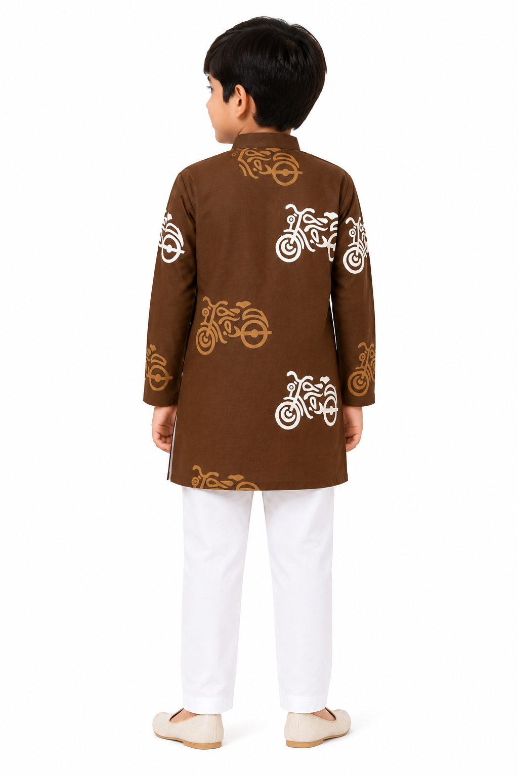 Boys Brown & White Quirky Auto-Rickshaw Printed Pure Cotton Kurta with Pyjamas