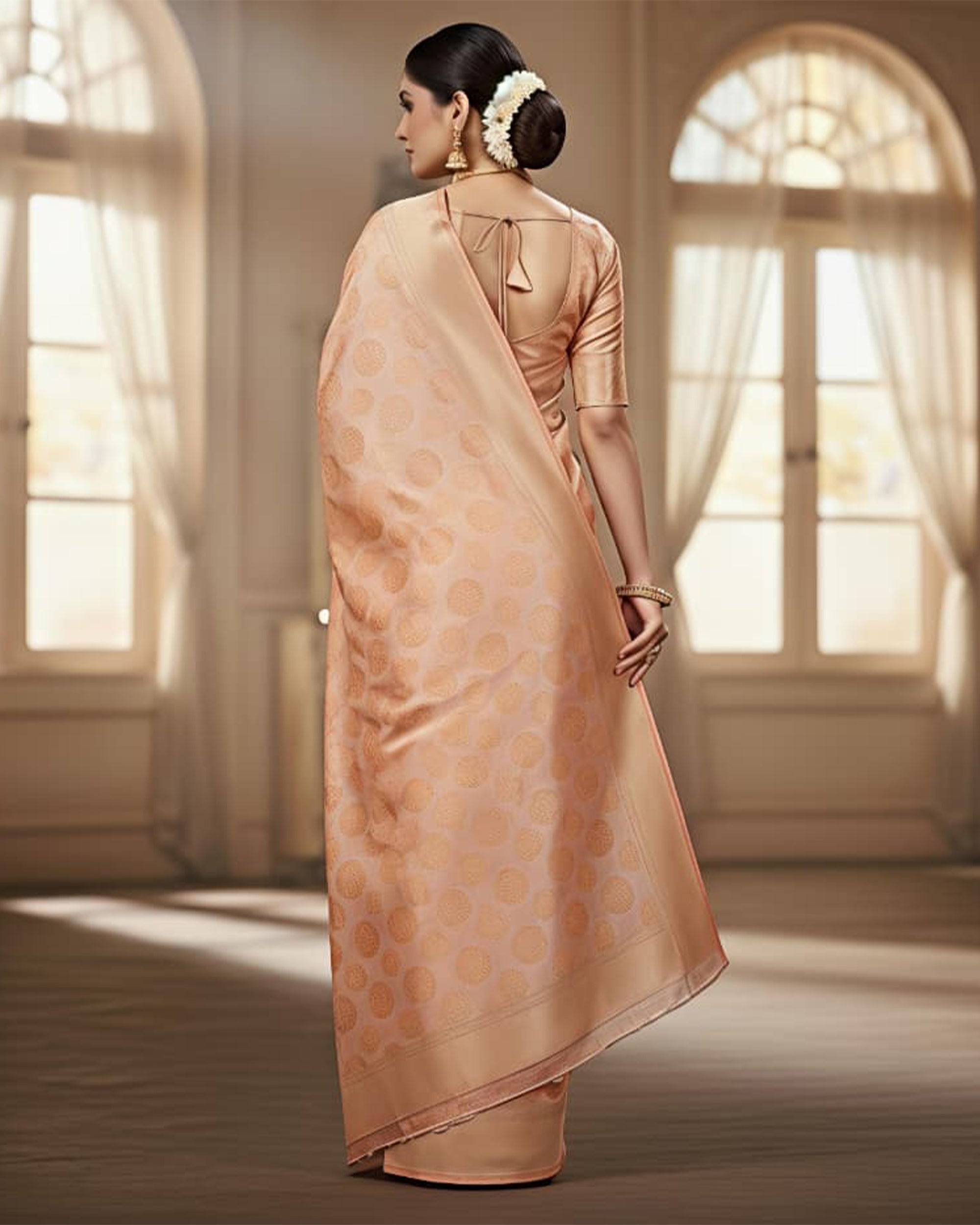 Peach-Coloured & Gold-Toned Art Silk Woven Design Kanjeevaram Saree