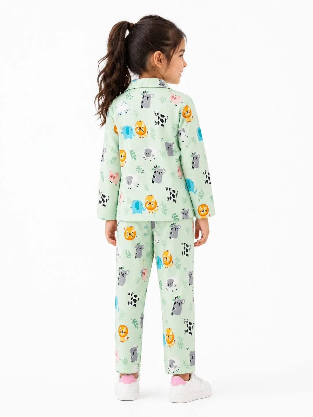 Kids Mint Green Animal Print Satin Nightsuit Set