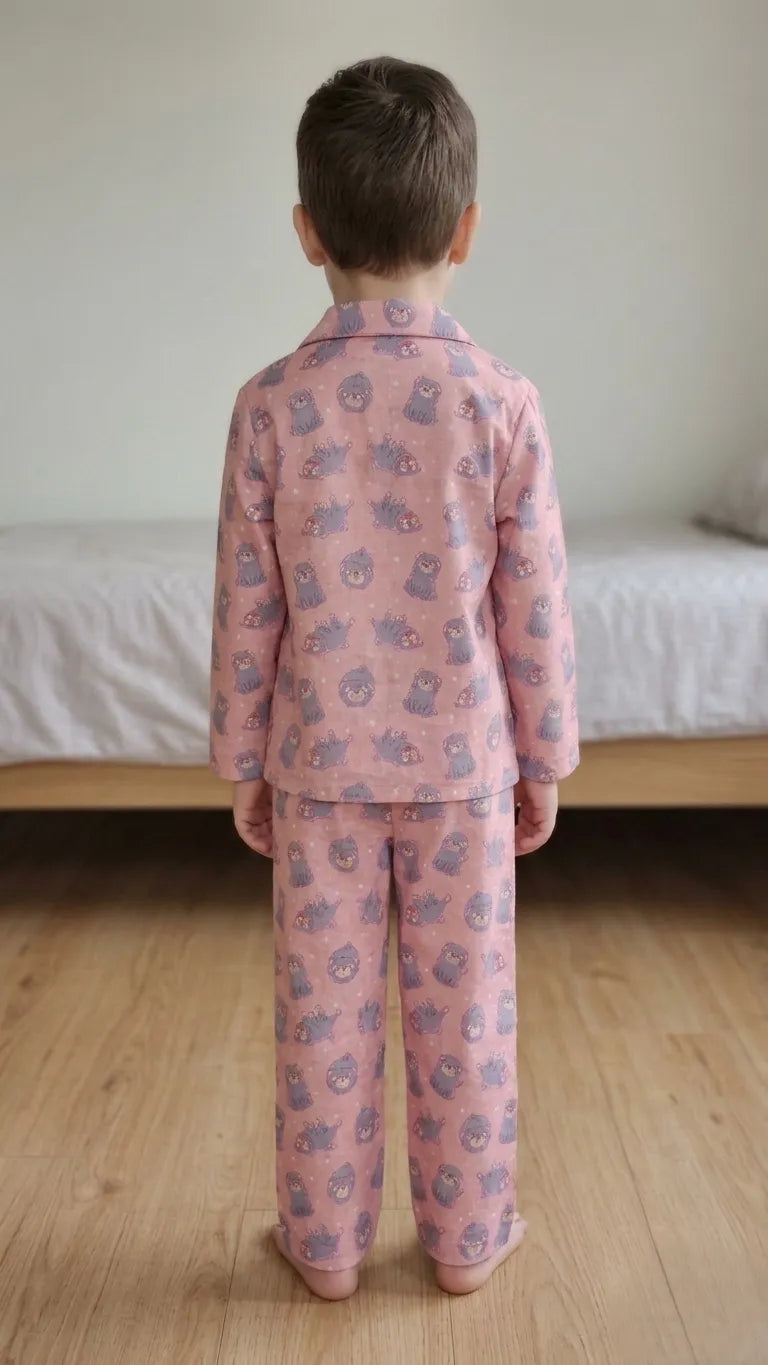 Boys Pink & Grey Pug Printed Pure Cotton Night Suit