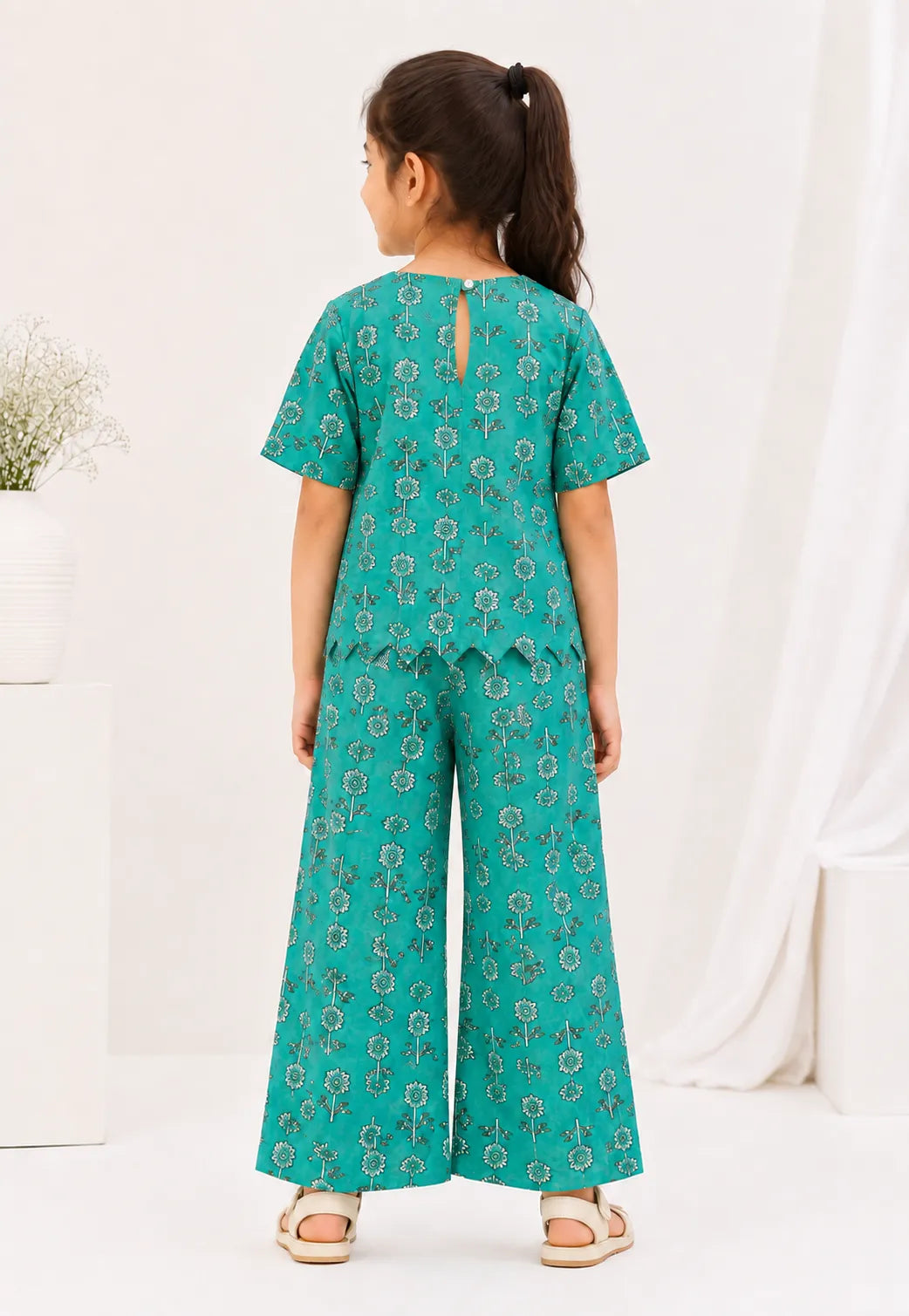 Girls Teal Green Floral Printed Co-ord Set - Scallop Hem V-Neck Top & Wide-Leg Trousers