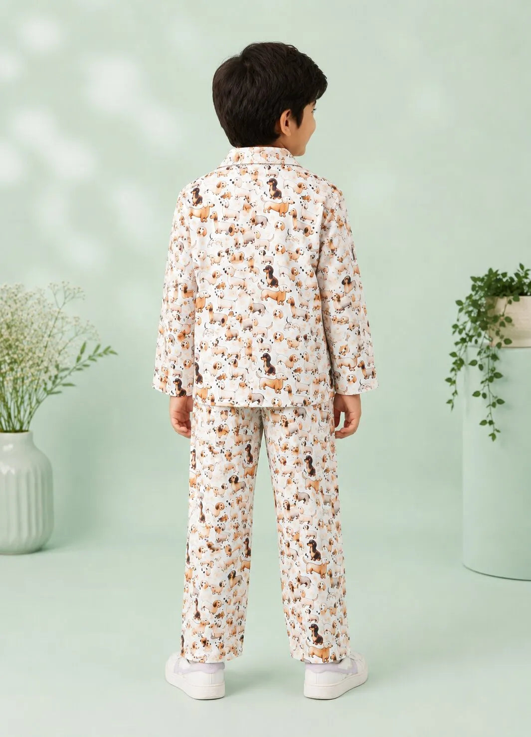 Kids' Satin Dog Print Night Suit Set – Cream