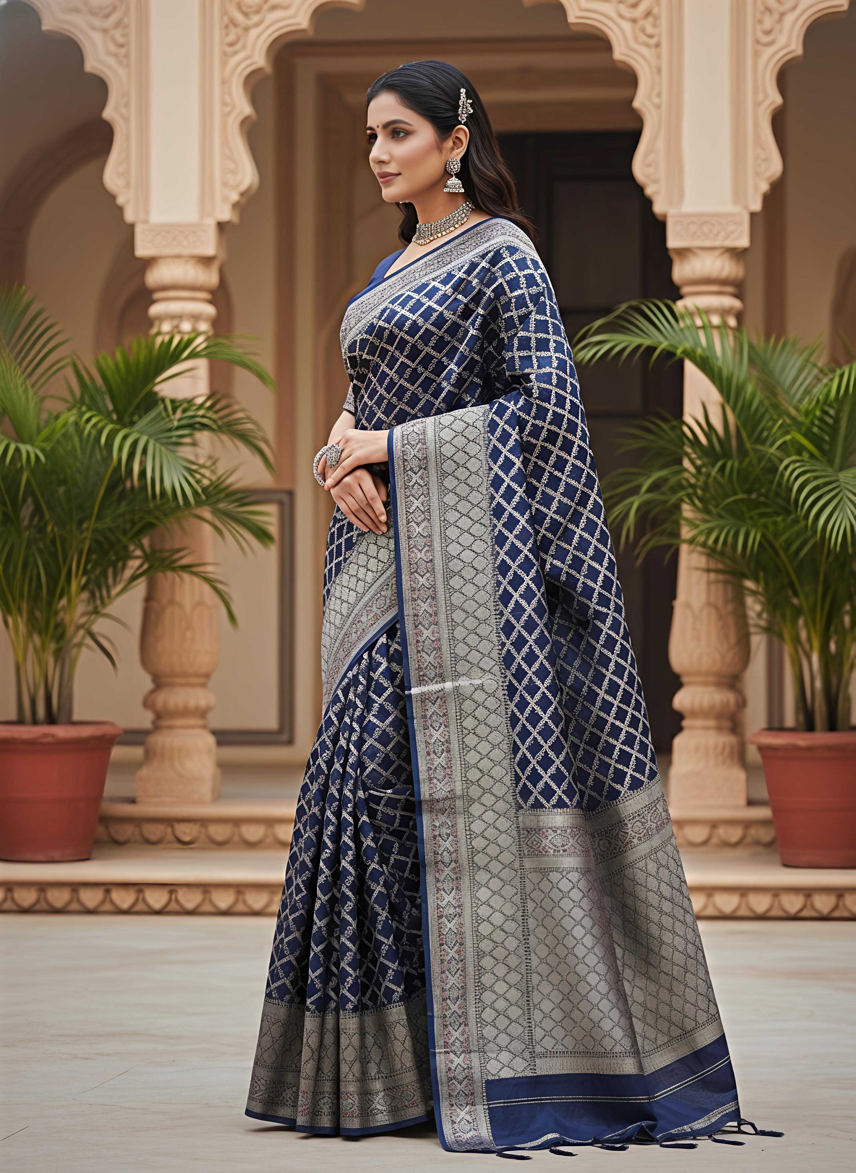 Navy Blue & Silver-Toned Silk Blend Zari Banarasi Saree with Unstitched Blouse