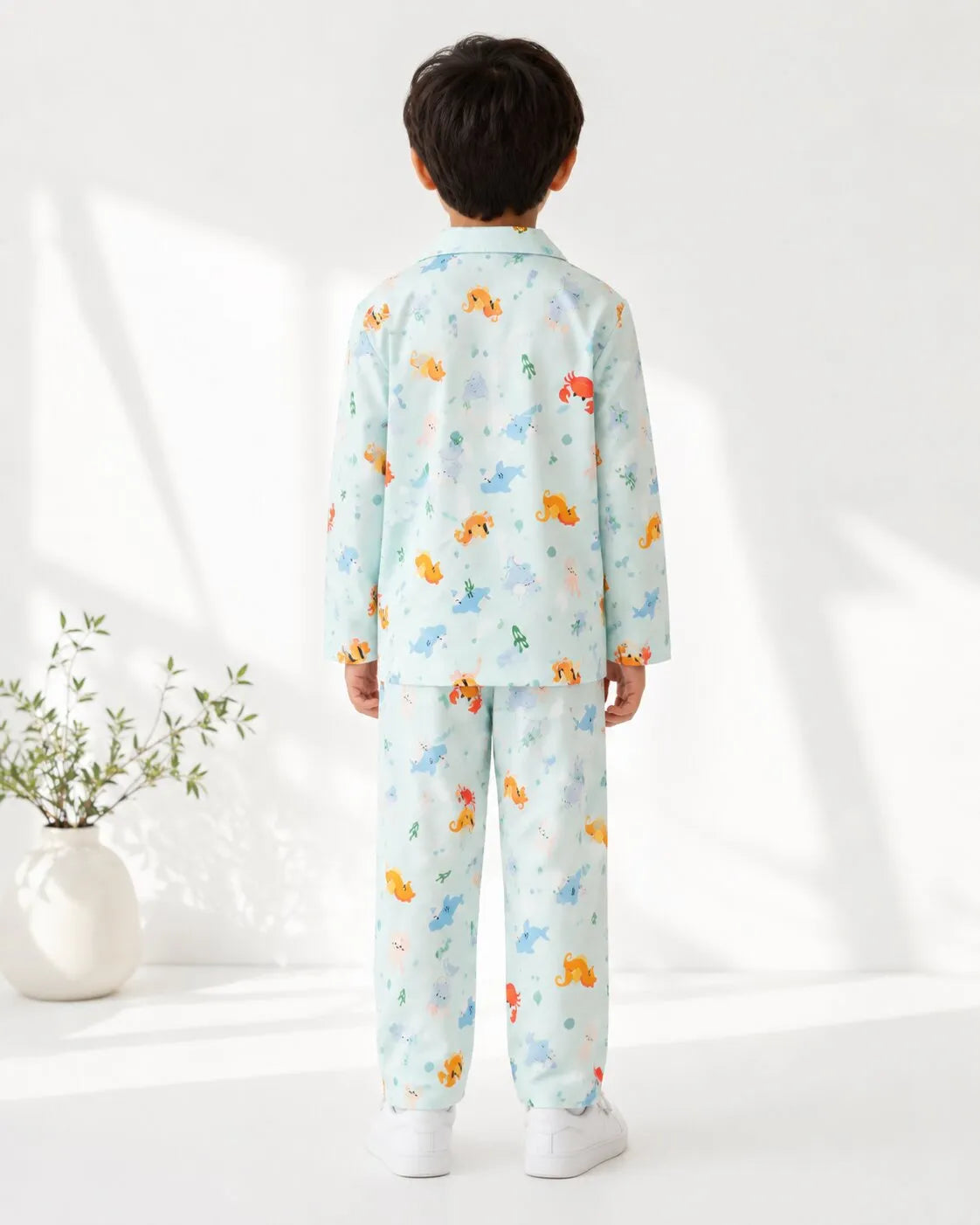 Kids Blue Sea-Life Printed Satin Long-Sleeved Night suit