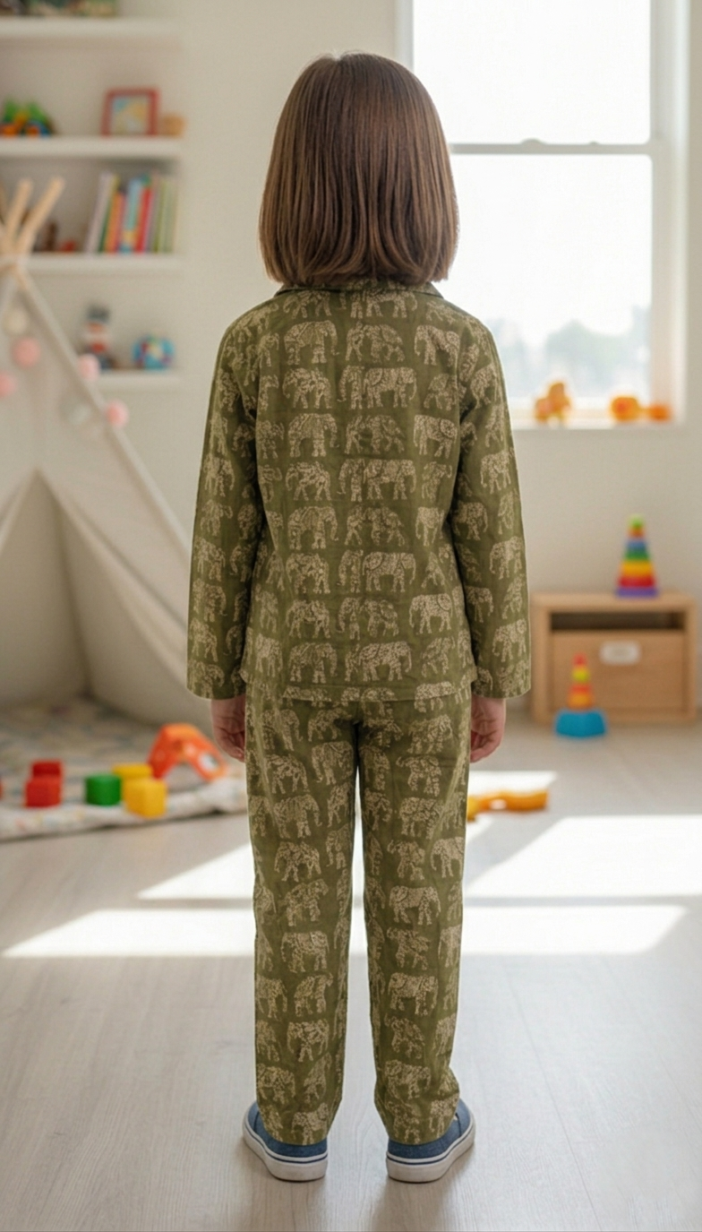 Kids Olive Green & Beige Elephant Print Cotton Lounge Set