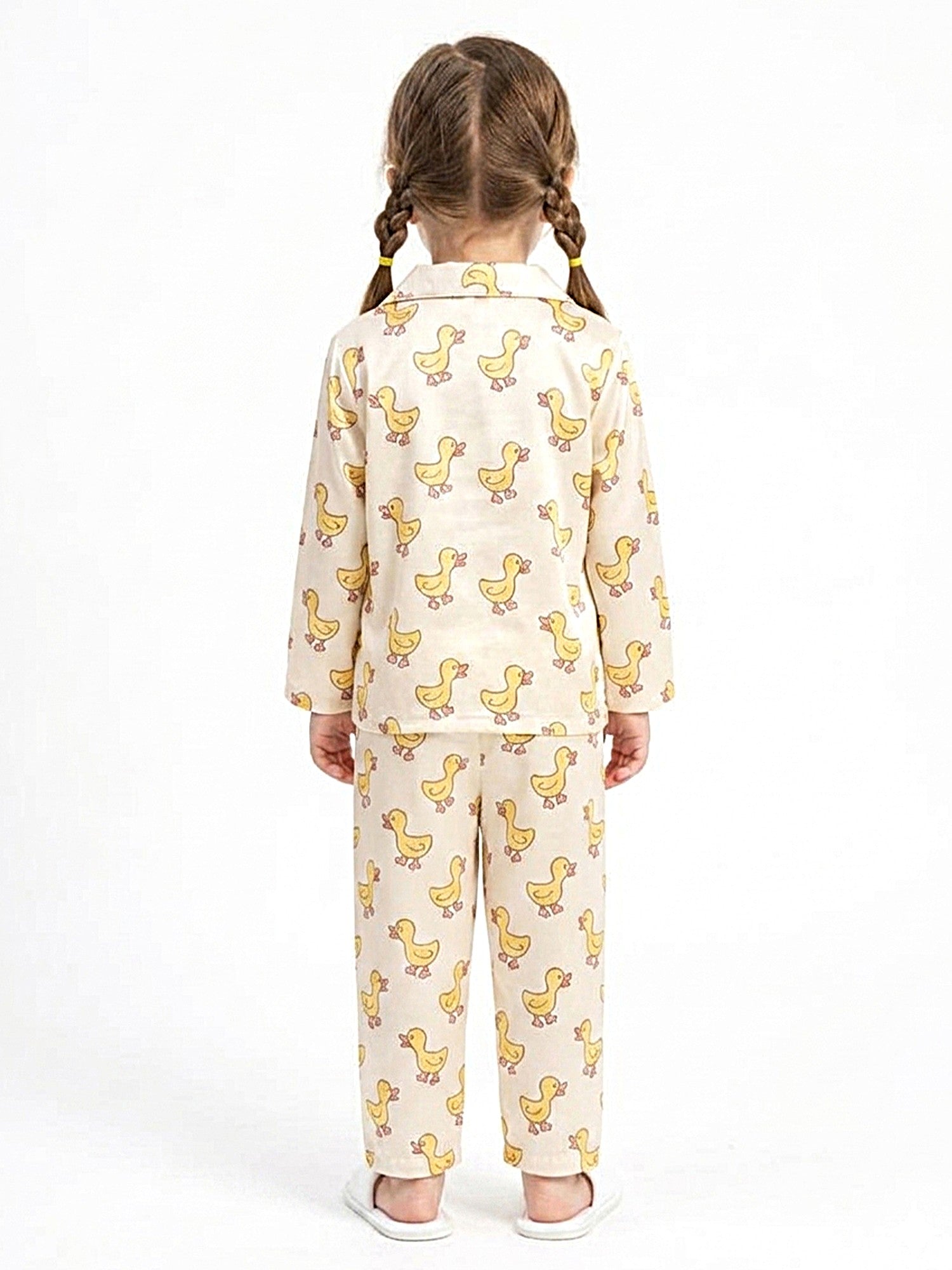 Girls Off-White & Yellow Satin Duck Printed Nightsuit
