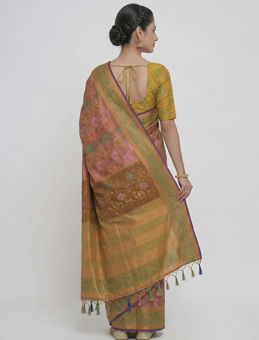 Women Mustard & Pink Floral Printed Silk Blend Saree with Tassels