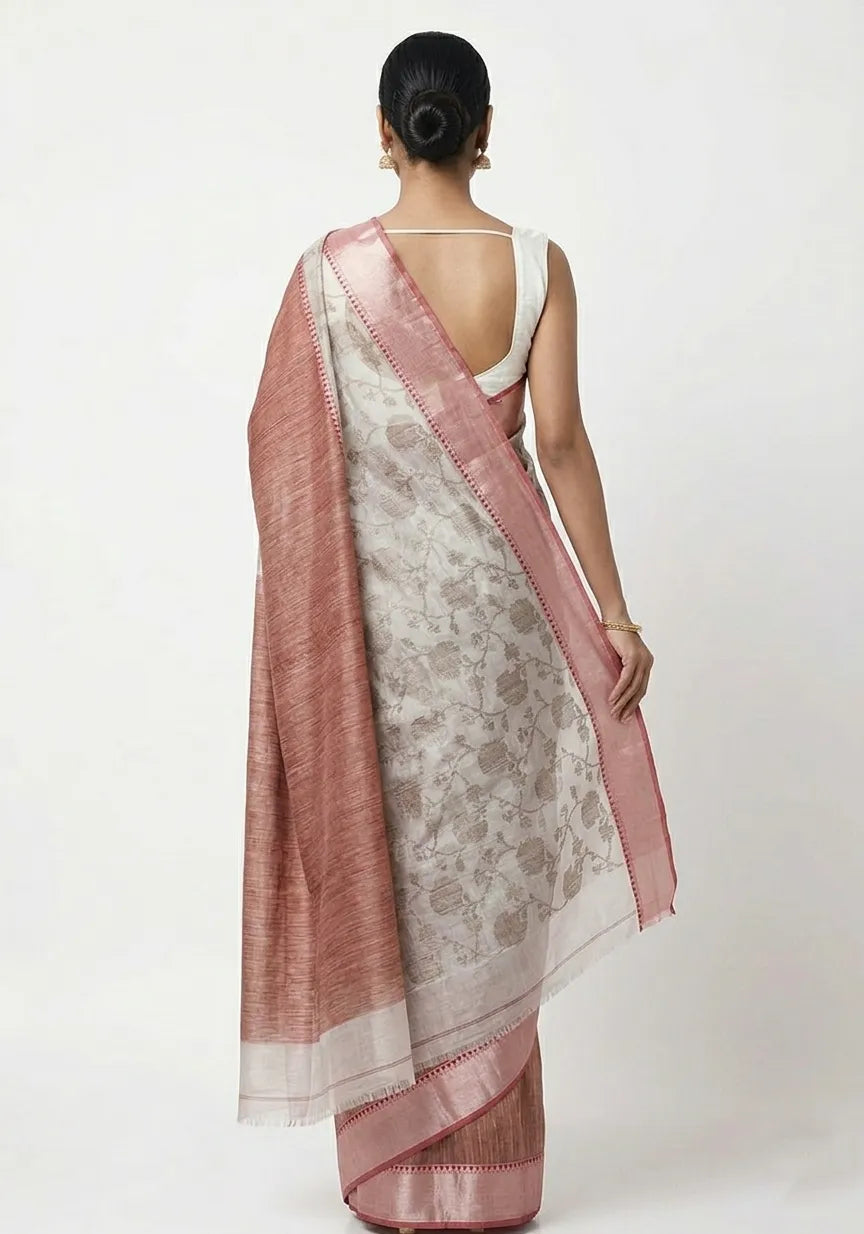 Off-White & Dusty Rose Floral Printed Art Silk Saree with Zari Border
