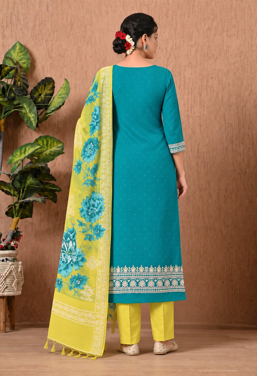 Teal Blue Chanderi Silk Embroidered Suit Set with Yellow Floral Dupatta