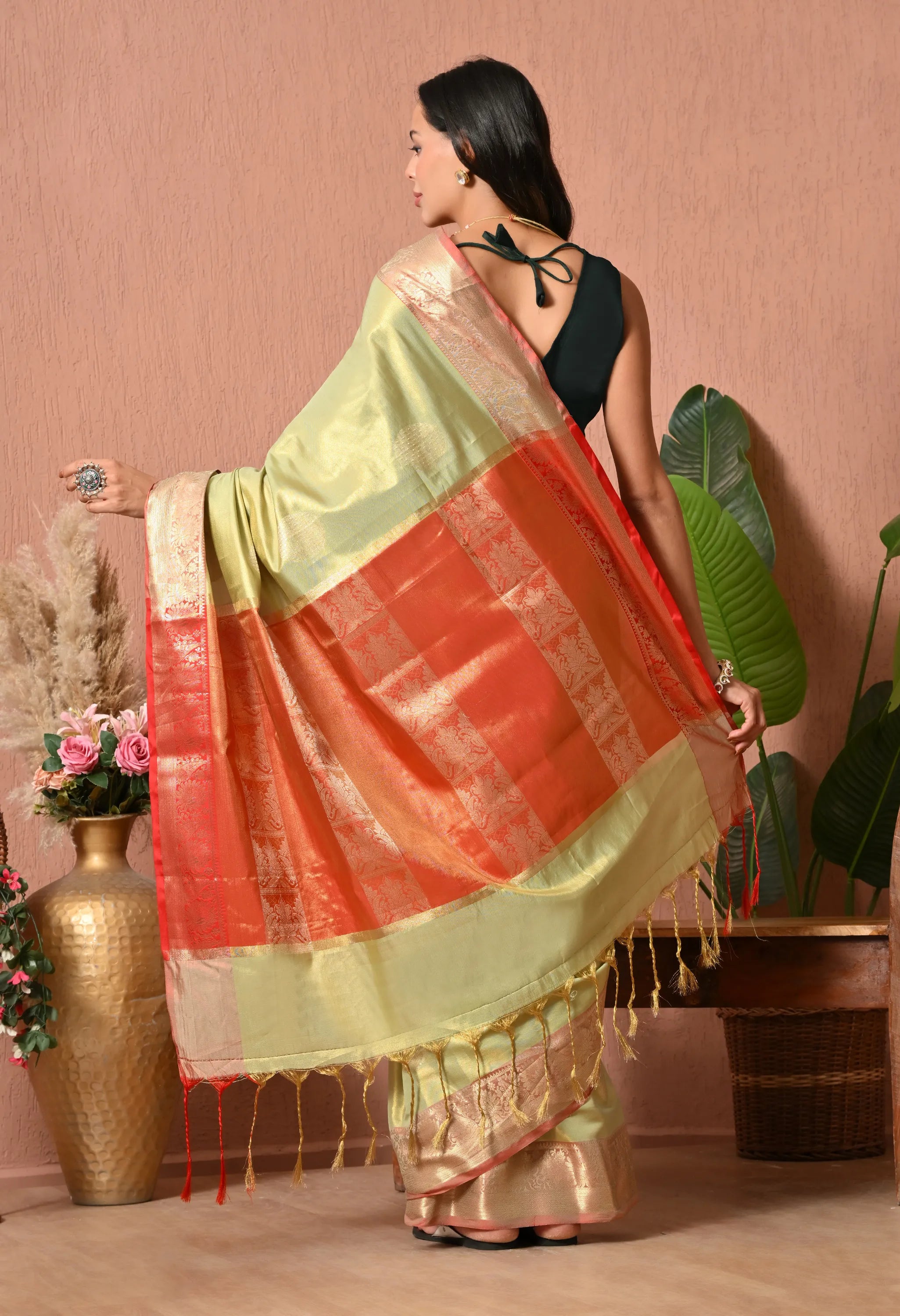 Silk Blend Saree in Pastel Olive & Coral Copper