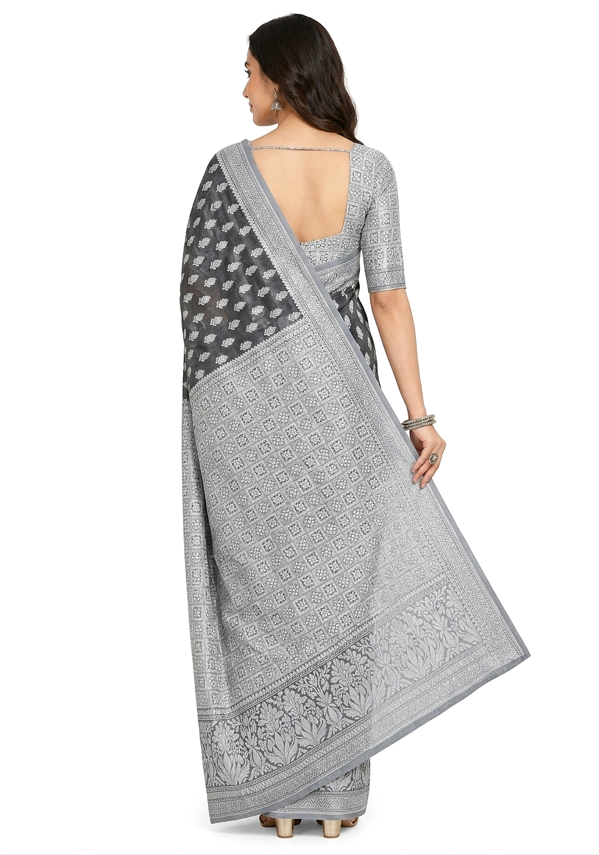 Black & Silver-Toned Woven Design Banarasi Saree with Unstitched Blouse Piece