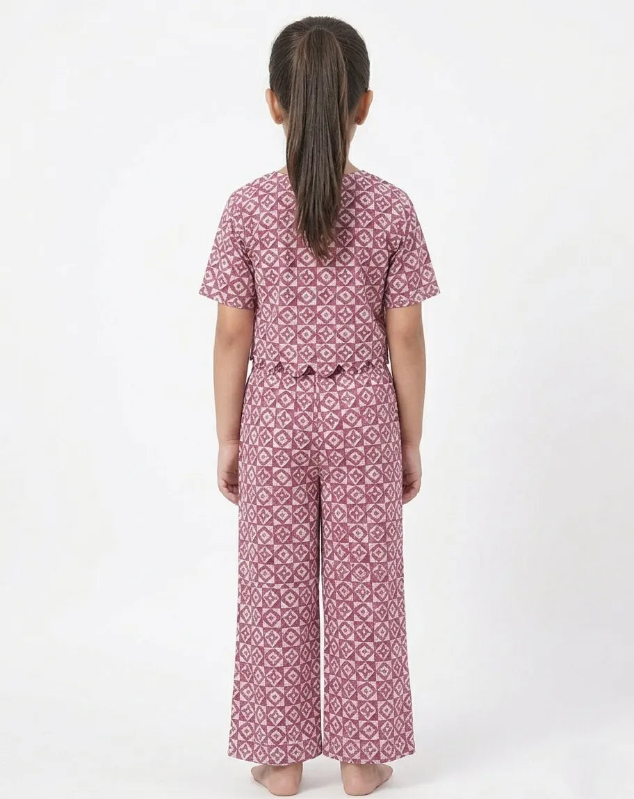 Girls Maroon & White Pure Cotton Printed Scalloped Co-ord Set