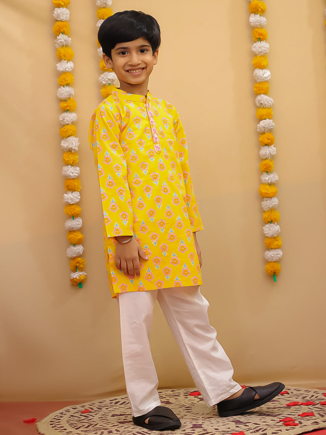 Boys' Yellow Cotton Floral Print Kurta Pajama Set | Traditional Indian Ethnic Wear for Kids | Festive, Wedding & Party Outfit