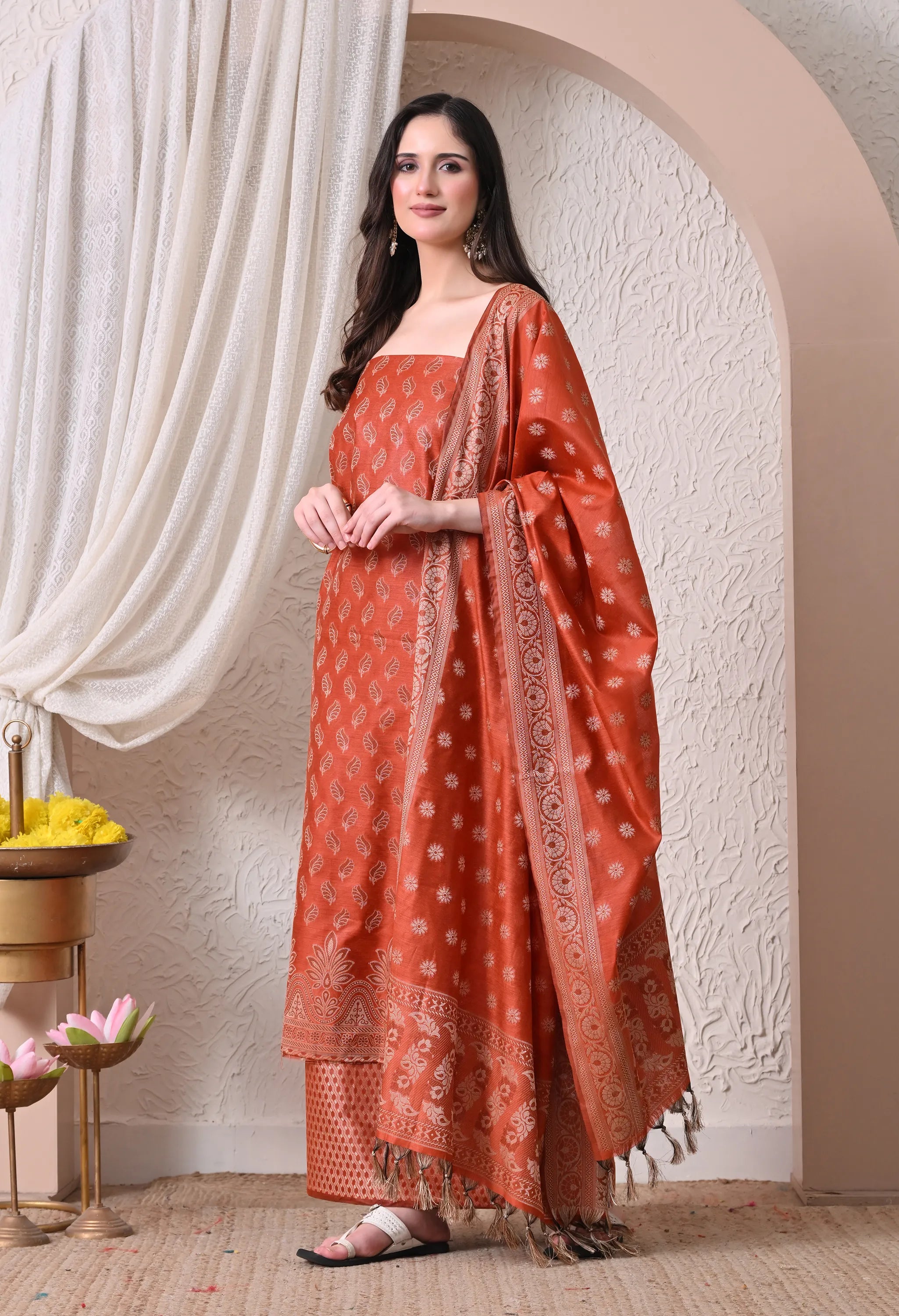 Elegant Rust Orange and Gold Woven Silk Unstitched Salwar Suit Material with Banarasi Style Dupatta