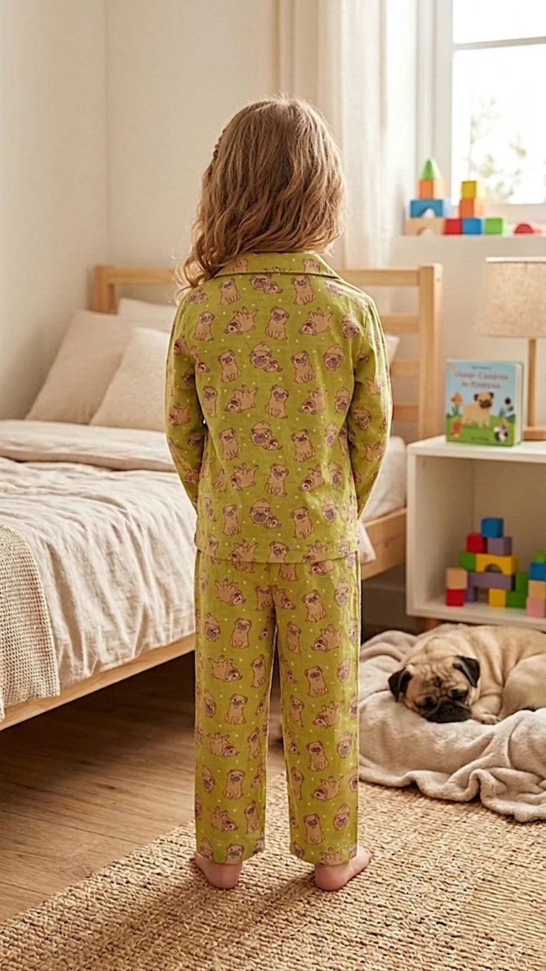 Girls' Lime Green Pug Print Pure Cotton Night Suit