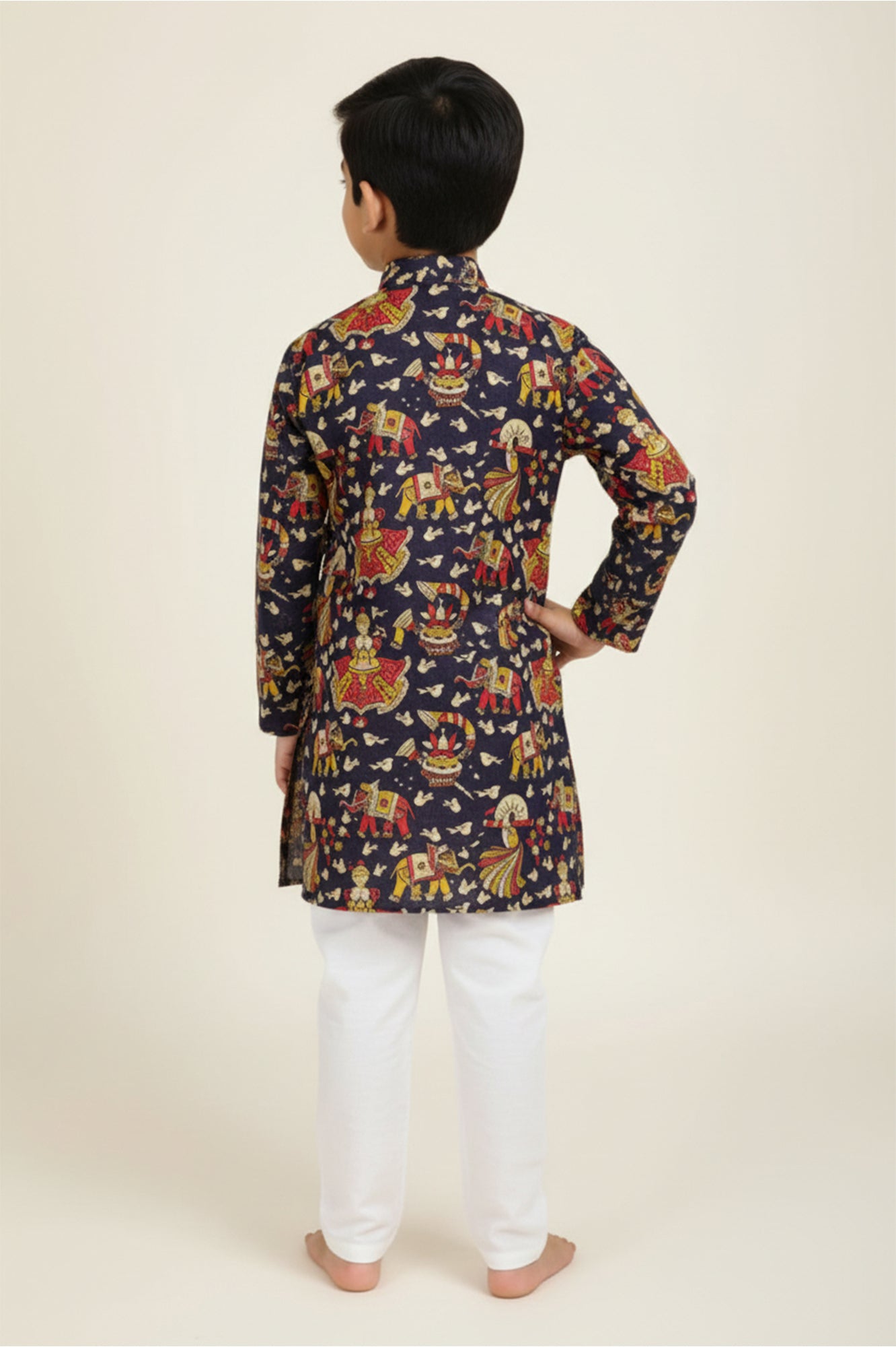 Boys' Cotton Print Kurta with White Pajama Set | Ethnic Wear for Festivals, Weddings & Parties
