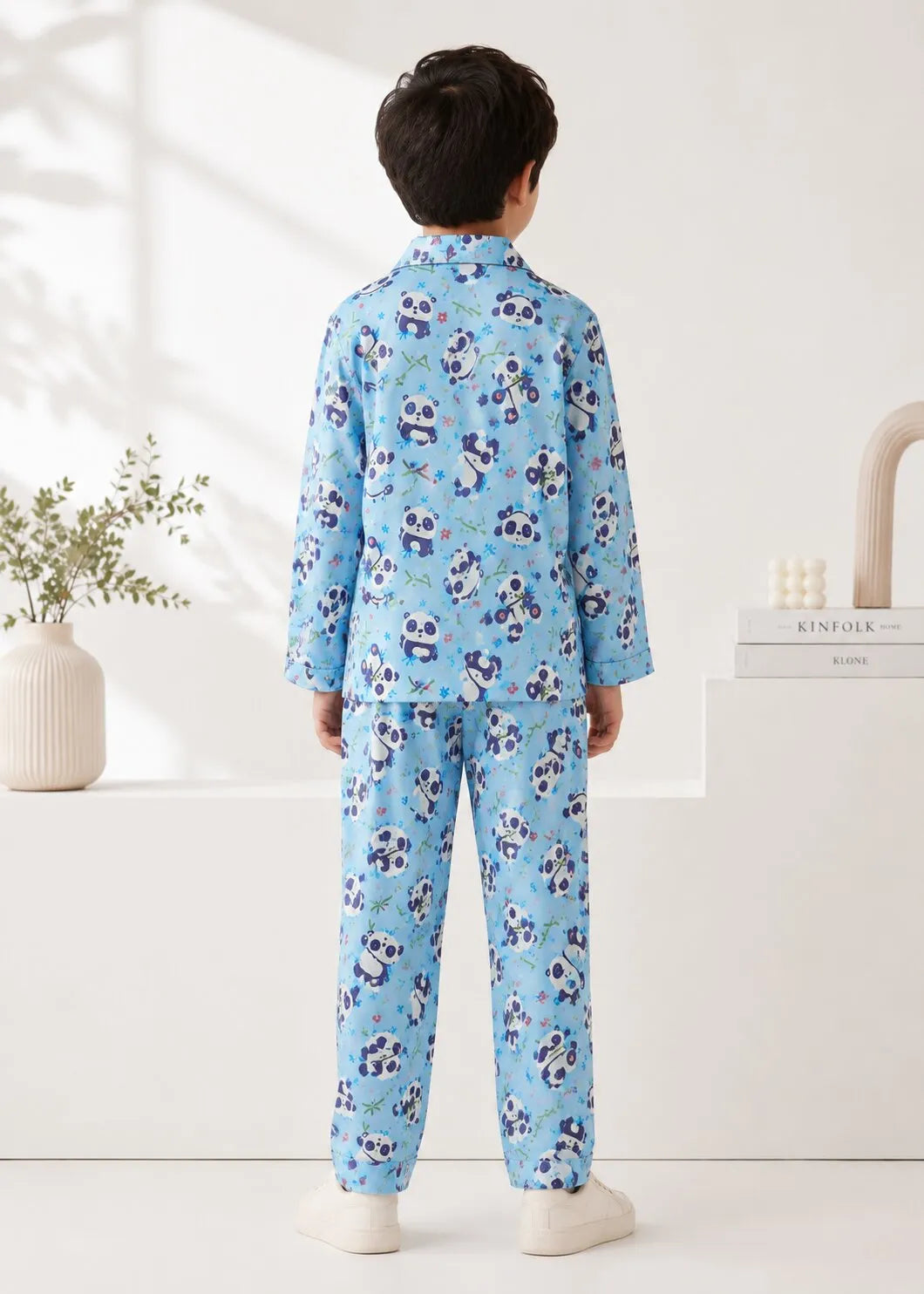 Boys Sky Blue Panda Graphic Printed Satin Night Suit