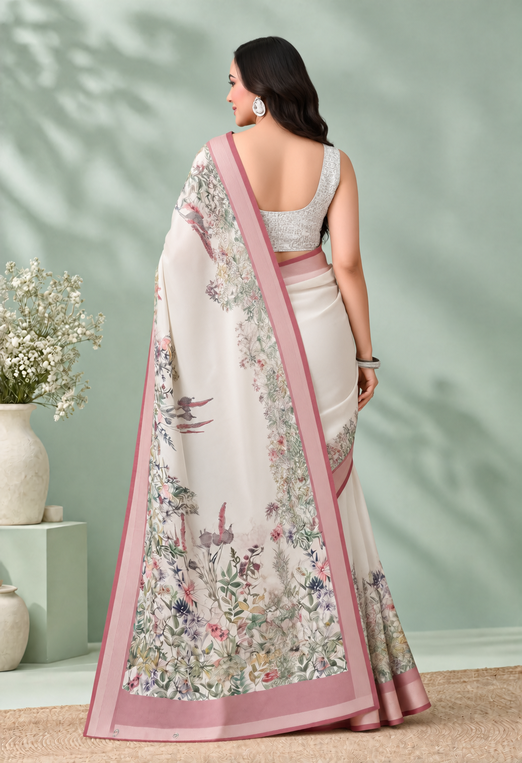 Elegant Ivory Floral Printed Saree with Blush Pink Border & Pallu