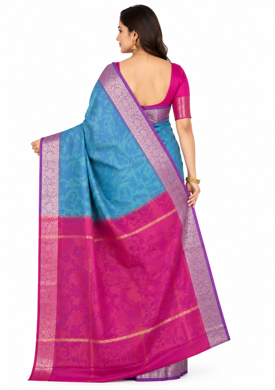 Women Blue & Grey Floral Printed Art Silk Saree with Zari Border