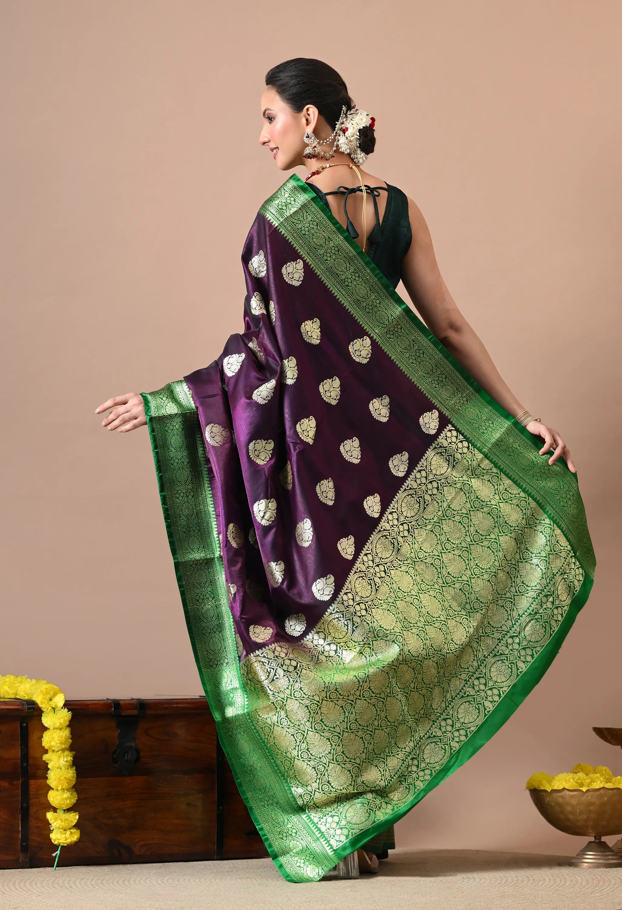 Women Deep Purple & Green Woven Design Silk Blend Banarasi Saree