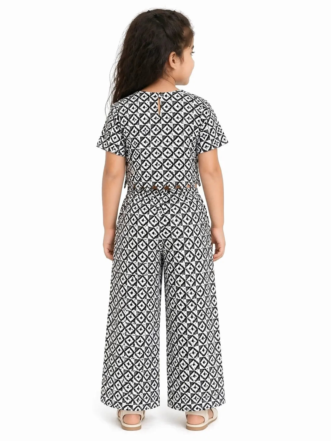 Girls Black & White Pure Cotton Geometric Printed Scalloped Co-ord Set