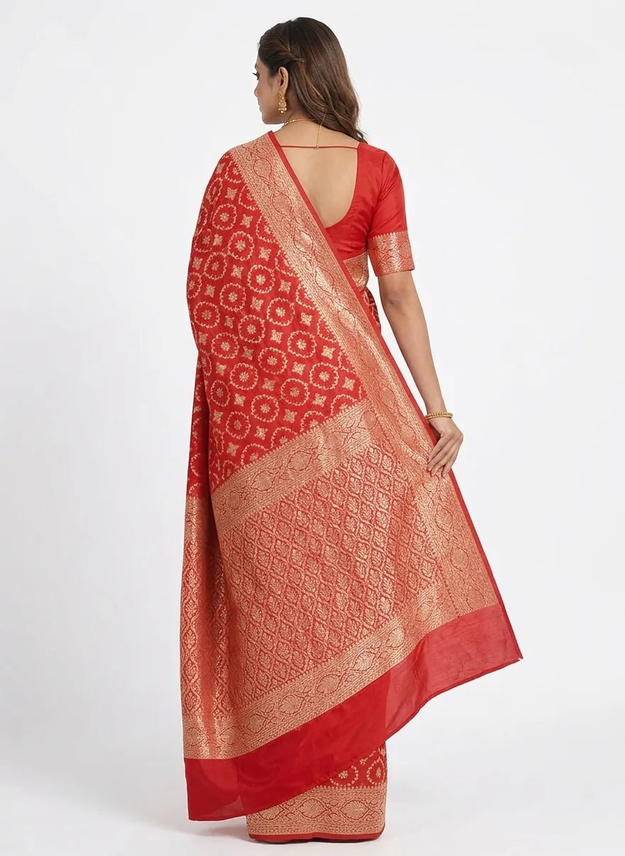 Red & Gold-Toned Ethnic Motifs Woven Design Banarasi Saree
