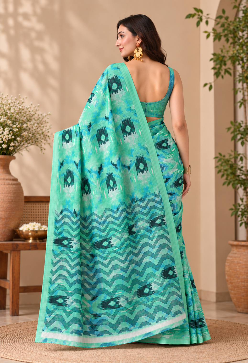 Aqua Green Printed Saree with Peacock-Inspired Motifs & Designer Pallu