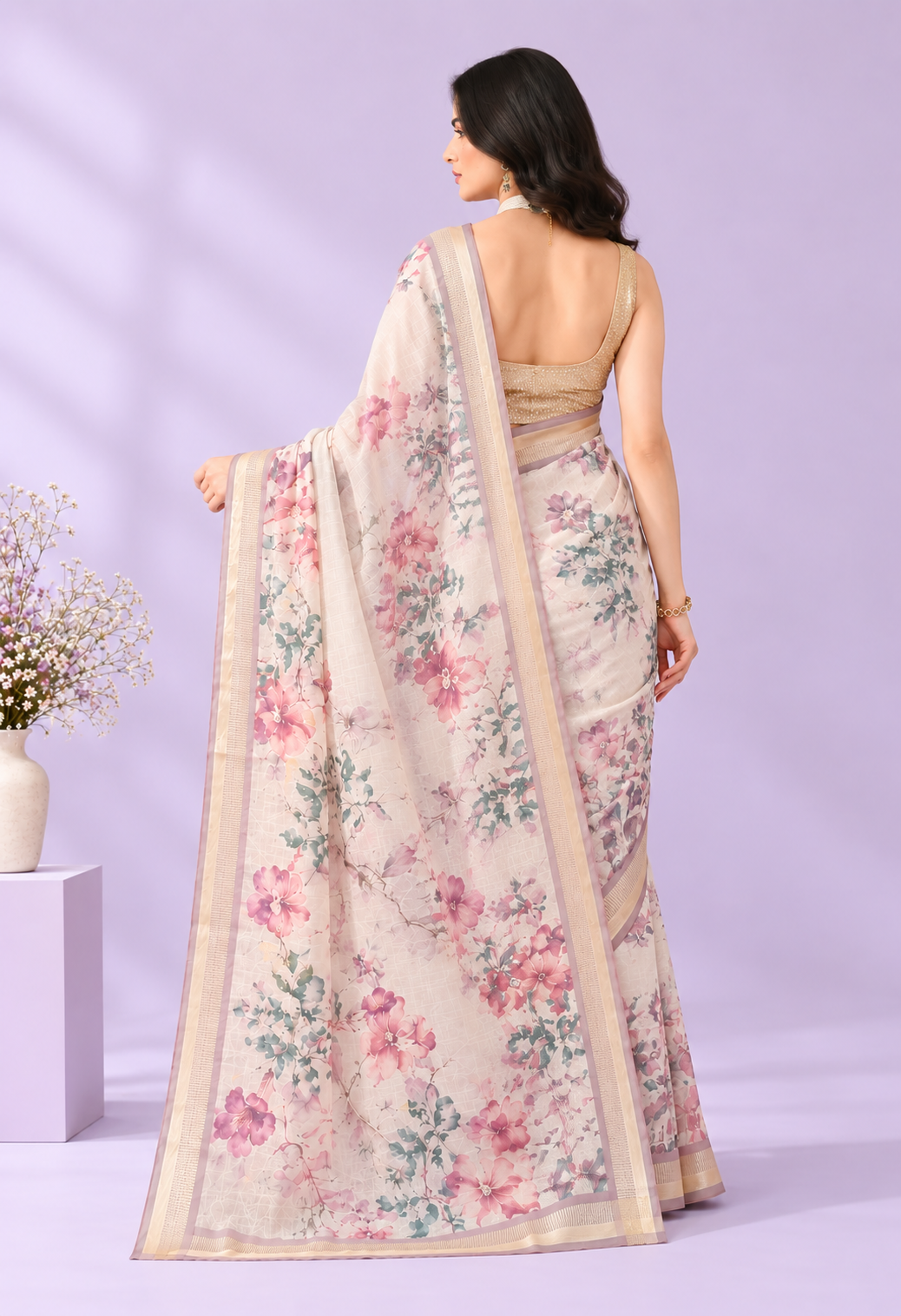 Elegant Ivory Floral Printed Saree with Soft Pink & Green Accents